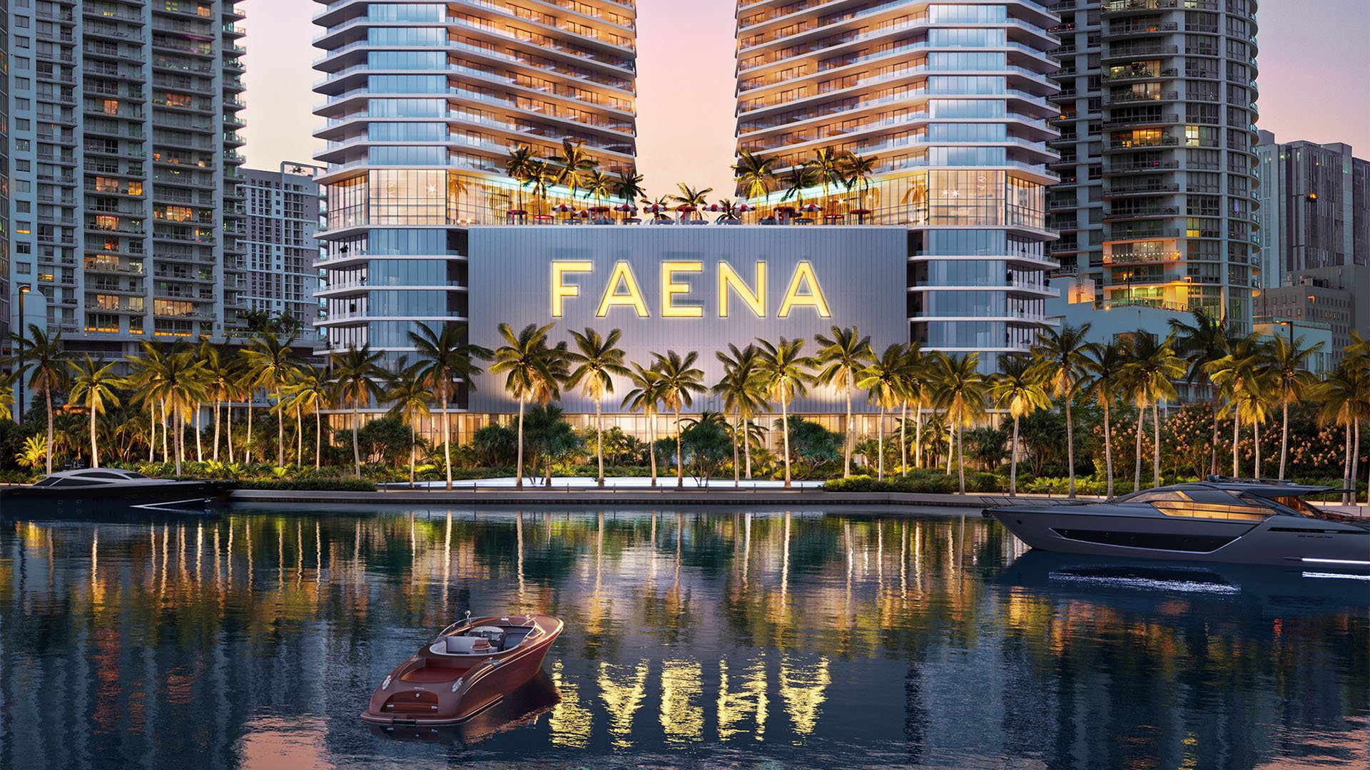 Faena Residences Miami waterfront exterior with signature Faena facade, palm-lined bayfront and yachts at twilight, Downtown Miami. Luxury and ultra luxury preconstruction condos on Biscayne Bay with landmark branding.