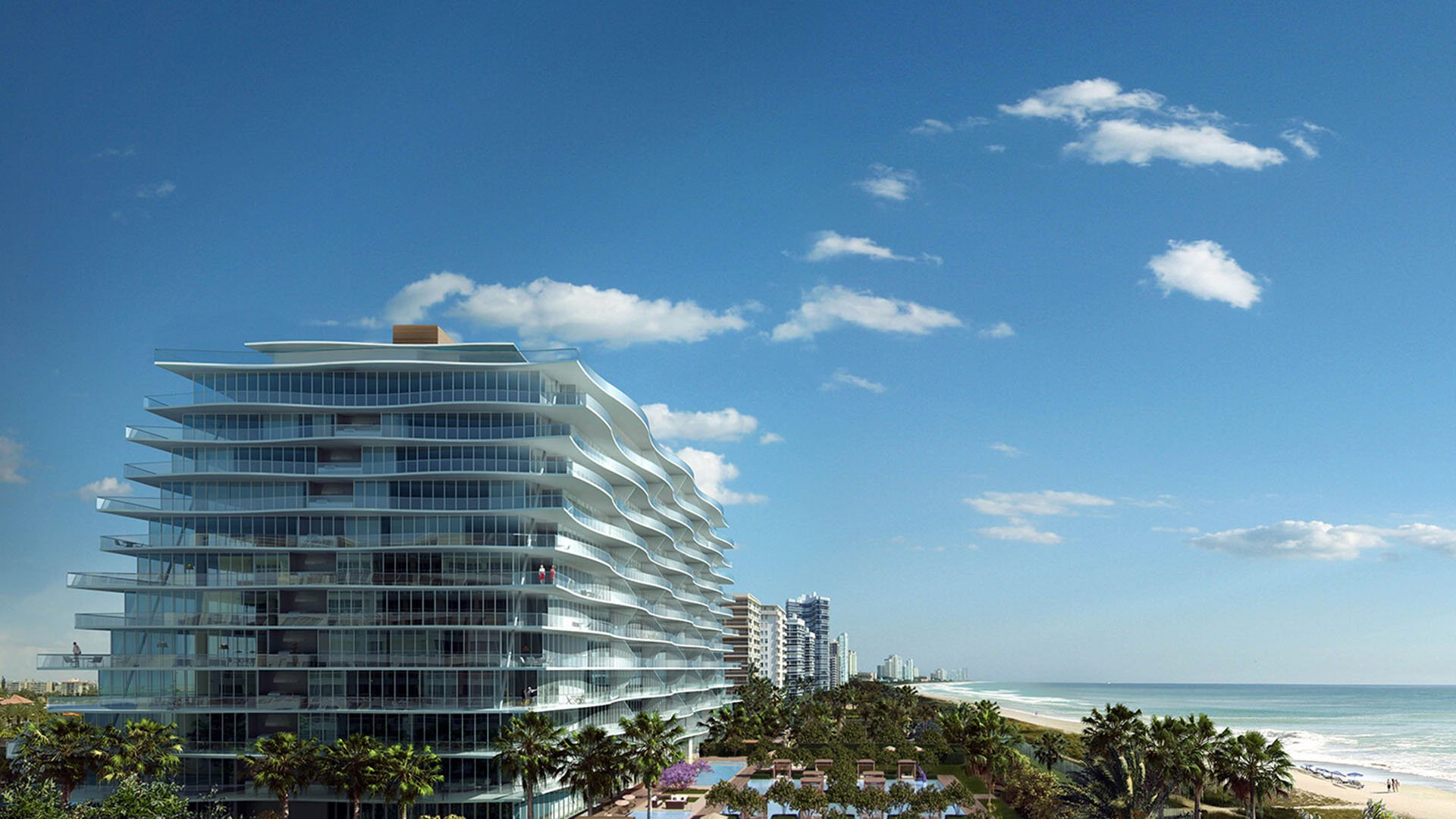Side exterior view of Fendi Chateau Residences in Surfside with flowing balconies, palm trees, and a long beachfront skyline, highlighting luxury and ultra luxury condos by the ocean.