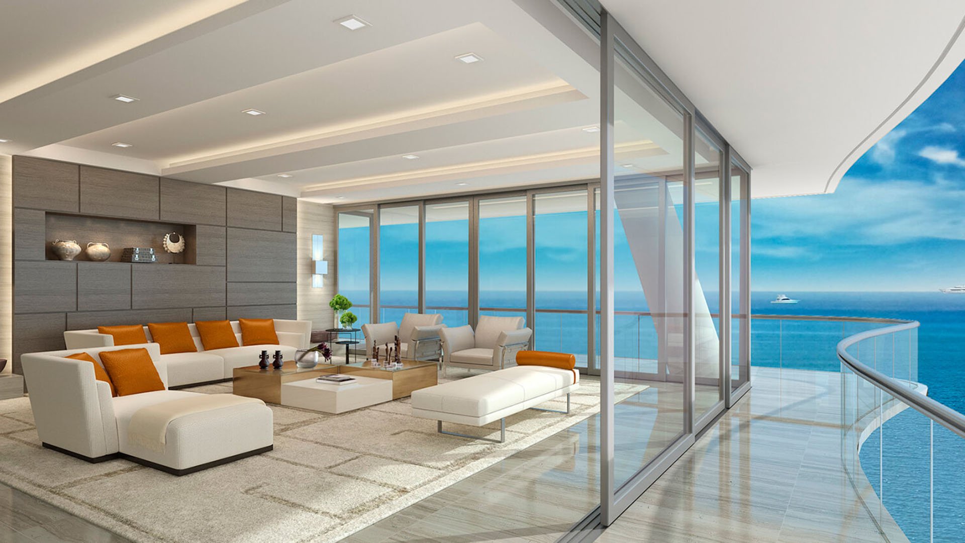 Bright corner living room at Fendi Chateau Residences in Surfside with floor-to-ceiling glass, wraparound balcony, and open water views for luxury and ultra luxury condos.