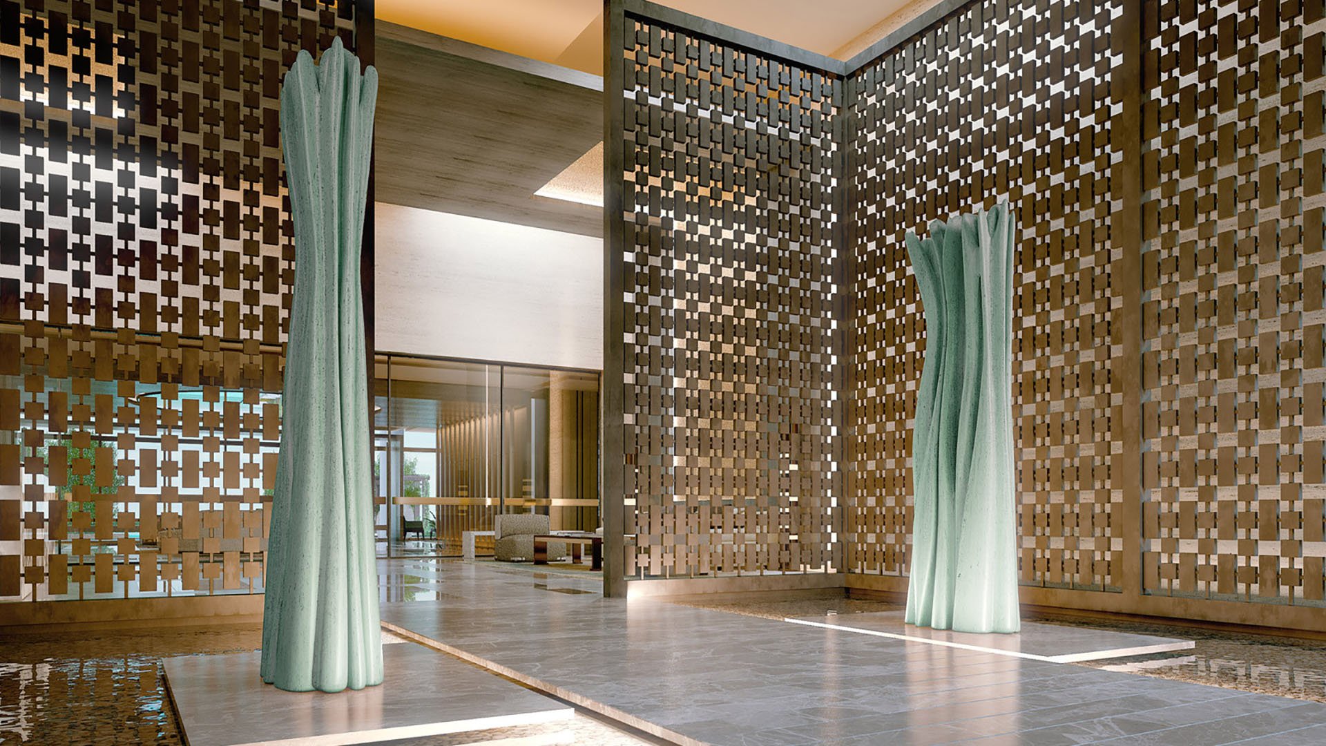 Double-height lobby at Fendi Chateau Residences in Surfside with sculptural art, patterned screens, and reflective finishes, presenting luxury and ultra luxury condos with designer interiors.