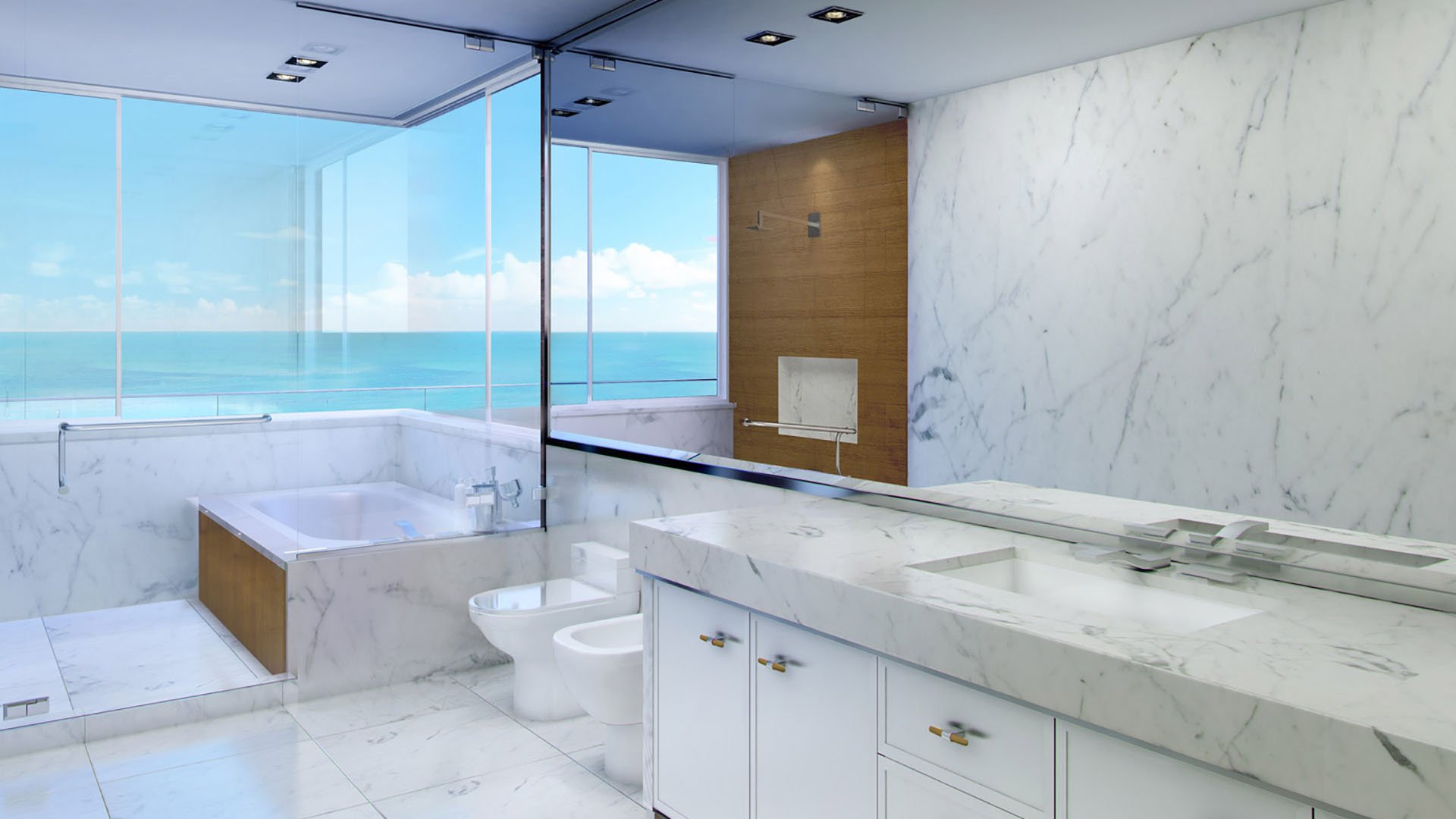 Marble bathroom at Fendi Chateau Residences in Surfside with a soaking tub, glass shower enclosure, and direct ocean view, reflecting luxury and ultra luxury condos.