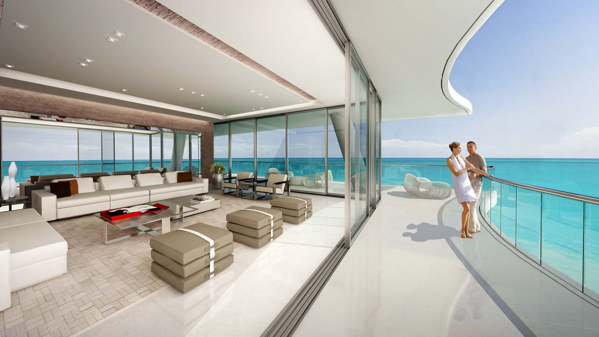 Open living room at Fendi Chateau Residences in Surfside with a sweeping curved terrace and turquoise ocean backdrop, showcasing luxury and ultra luxury condos.