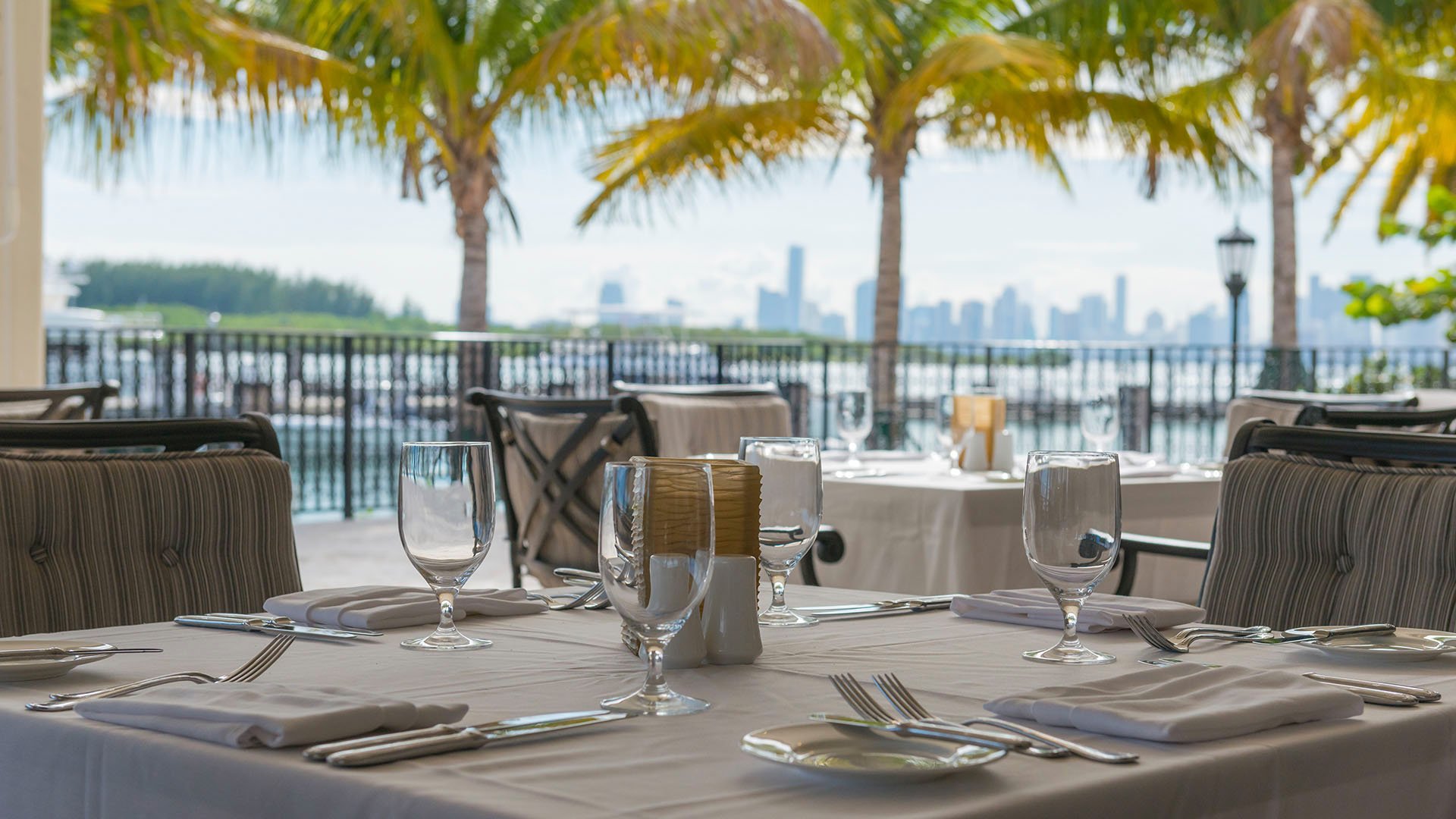Fisher Island luxury and ultra luxury condos dining amenity with a waterfront terrace table setting and a skyline view beyond the palms.