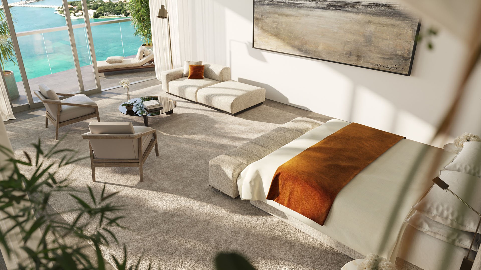 Bedroom suite with lounge seating and an open waterfront terrace at Five Park in Miami Beach, luxury and ultra luxury condos with sunlit interiors and soft textures.