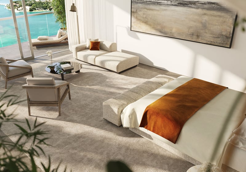 Bedroom suite with lounge seating and an open waterfront terrace at Five Park in Miami Beach, luxury and ultra luxury condos with sunlit interiors and soft textures.