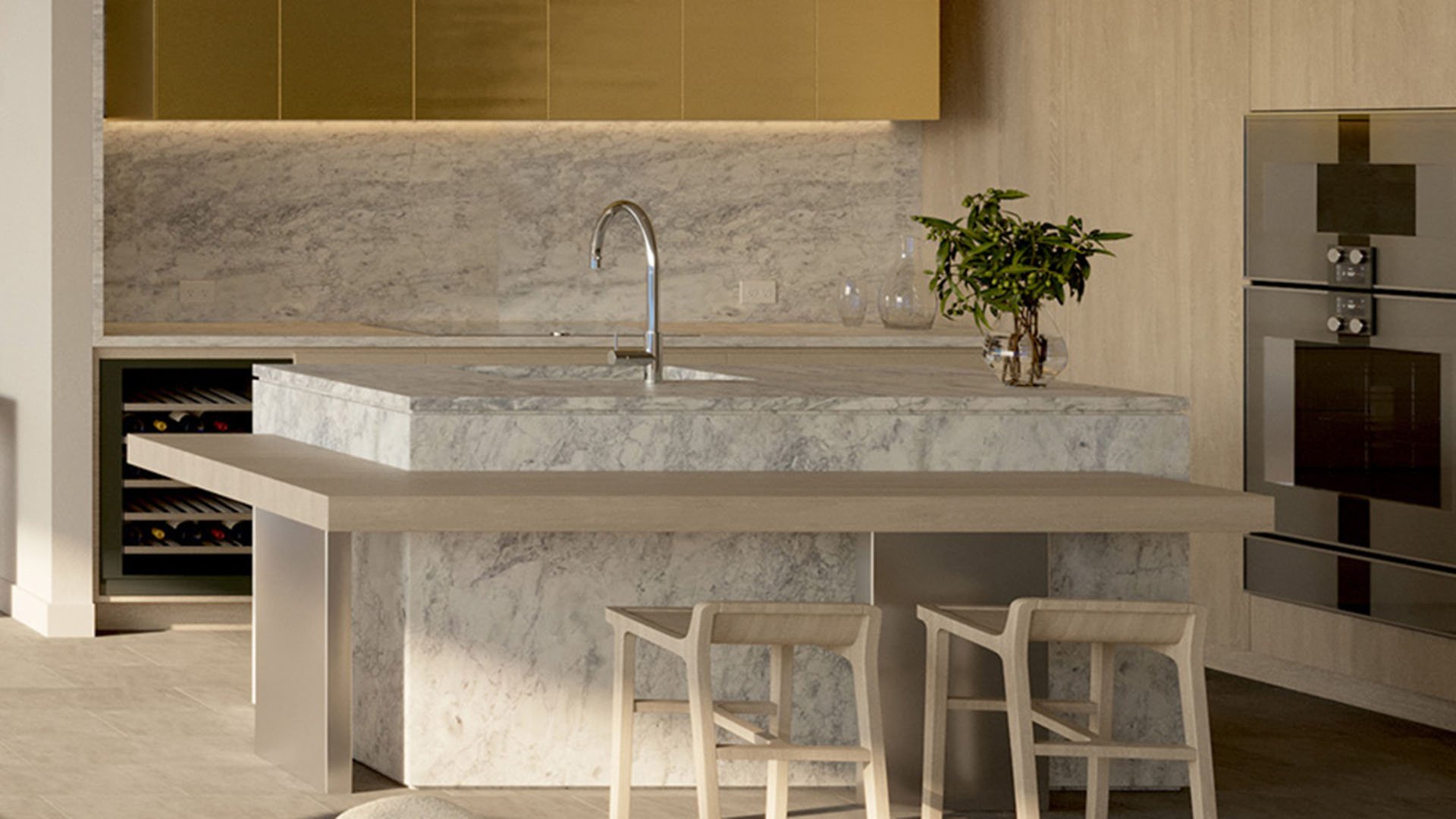 Chef kitchen closeup at Five Park in Miami Beach, luxury and ultra luxury condos with a marble island, integrated appliances and warm wood cabinetry.