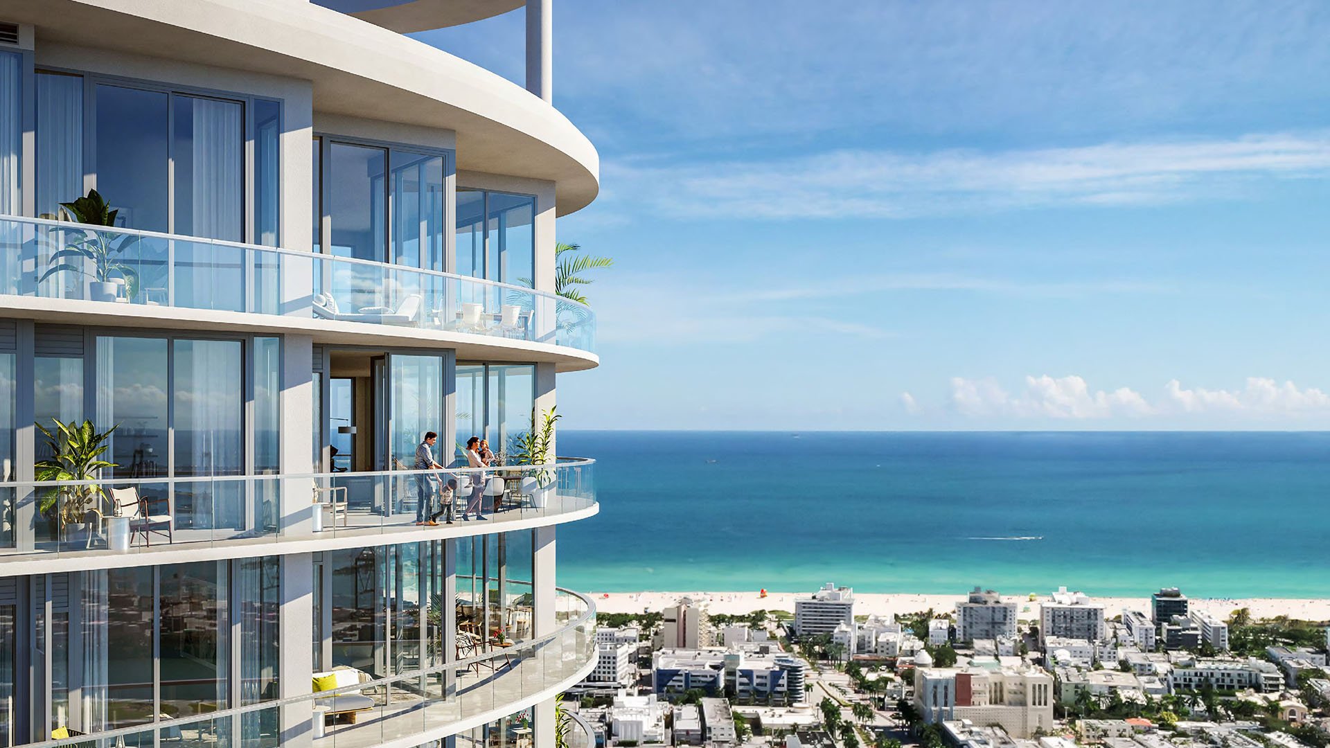 Close exterior view of the curved tower and glass balconies at Five Park in Miami Beach, luxury and ultra luxury condos overlooking the ocean and surrounding neighborhood.