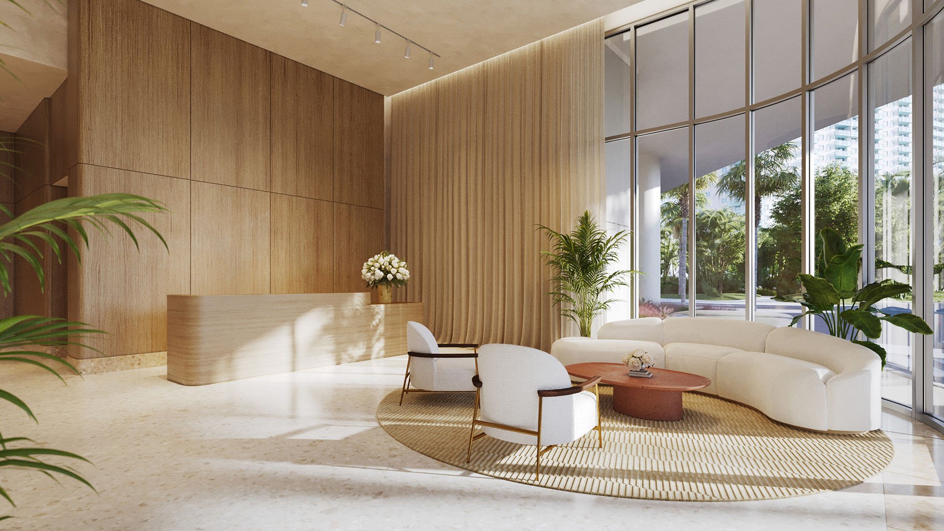 Double height lobby at Five Park in Miami Beach, luxury and ultra luxury condos with curved seating, tall windows and warm wood paneling.