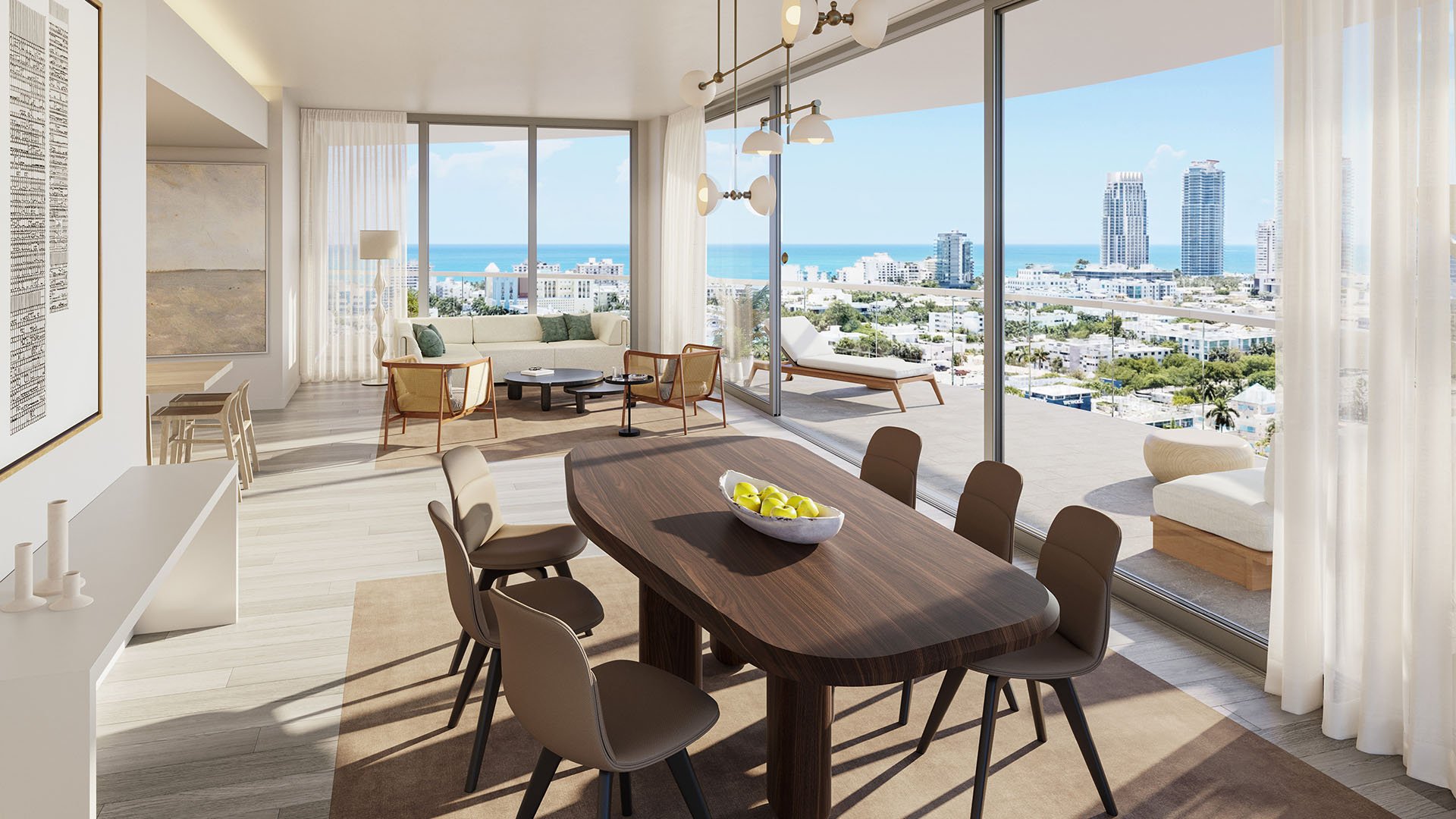 Formal dining and lounge space at Five Park in Miami Beach, luxury and ultra luxury condos with ocean views, sheer drapery and a terrace daybed.