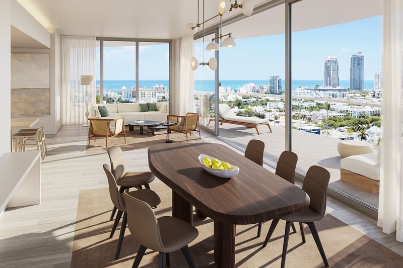 Formal dining and lounge space at Five Park in Miami Beach, luxury and ultra luxury condos with ocean views, sheer drapery and a terrace daybed.