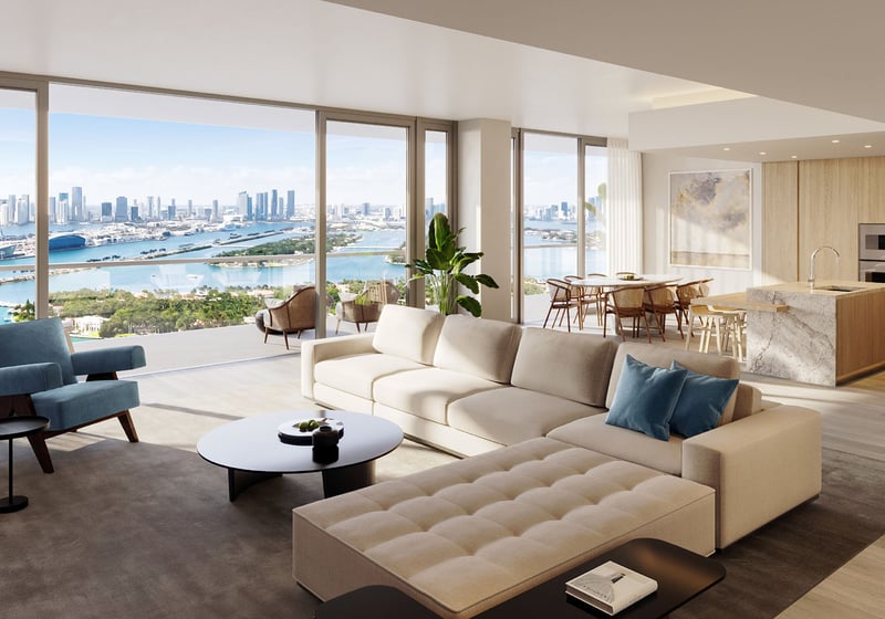 Large living room with skyline views at Five Park in Miami Beach, luxury and ultra luxury condos connected to an open kitchen and dining area.
