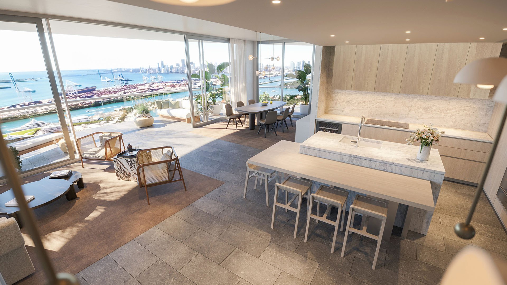 Open kitchen and living space at Five Park in Miami Beach, luxury and ultra luxury condos with marina views, a large island and an expansive terrace.