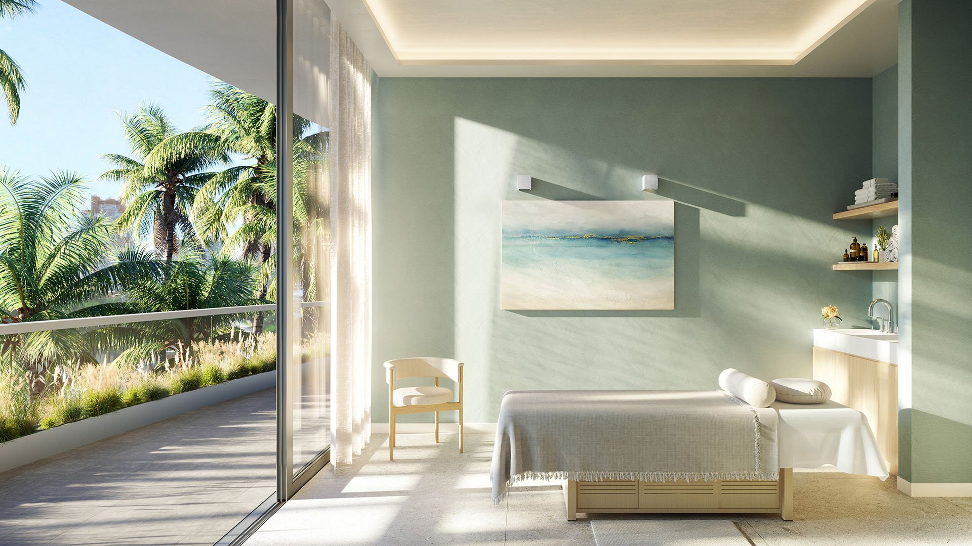 Spa treatment room at Five Park in Miami Beach, luxury and ultra luxury condos with a serene massage table and a lush terrace outside.