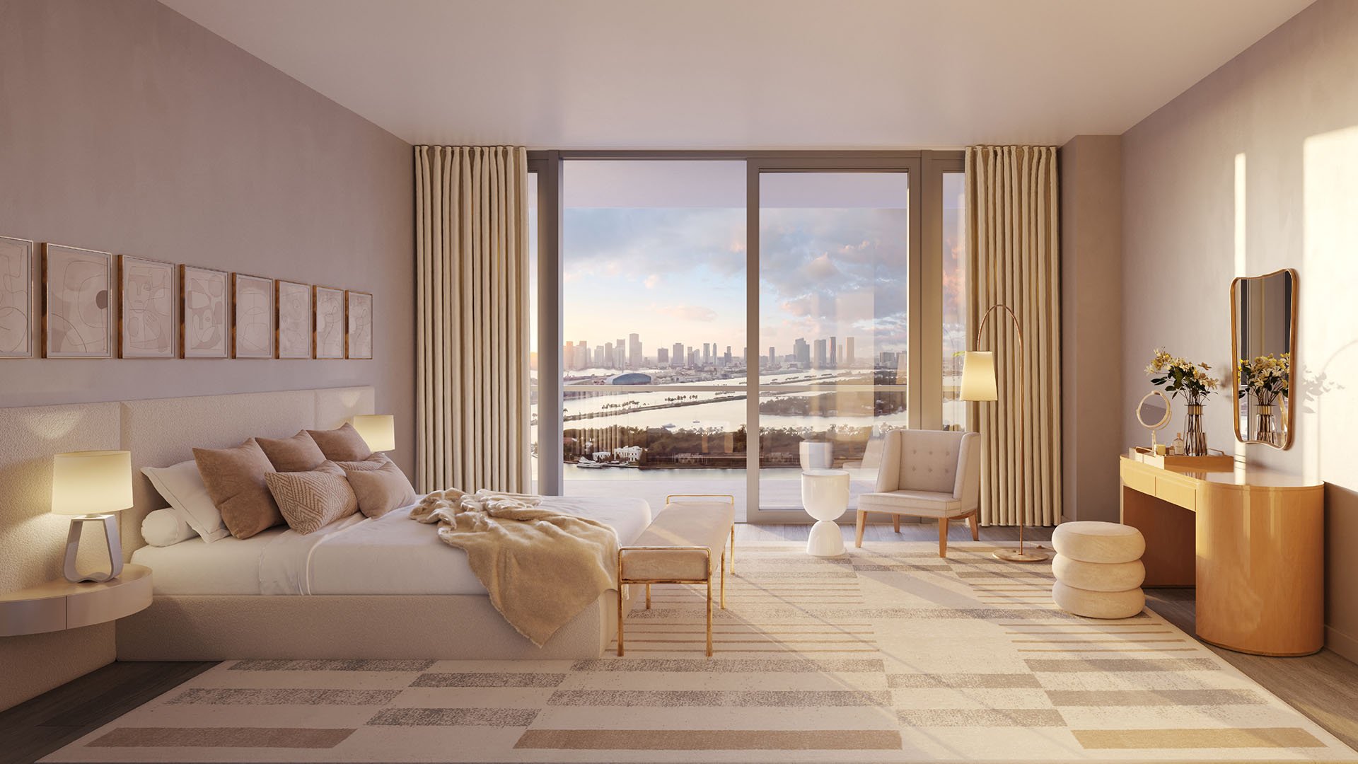 Twilight bedroom at Five Park in Miami Beach, luxury and ultra luxury condos with a bay skyline view, soft upholstered finishes and a serene lounge corner.