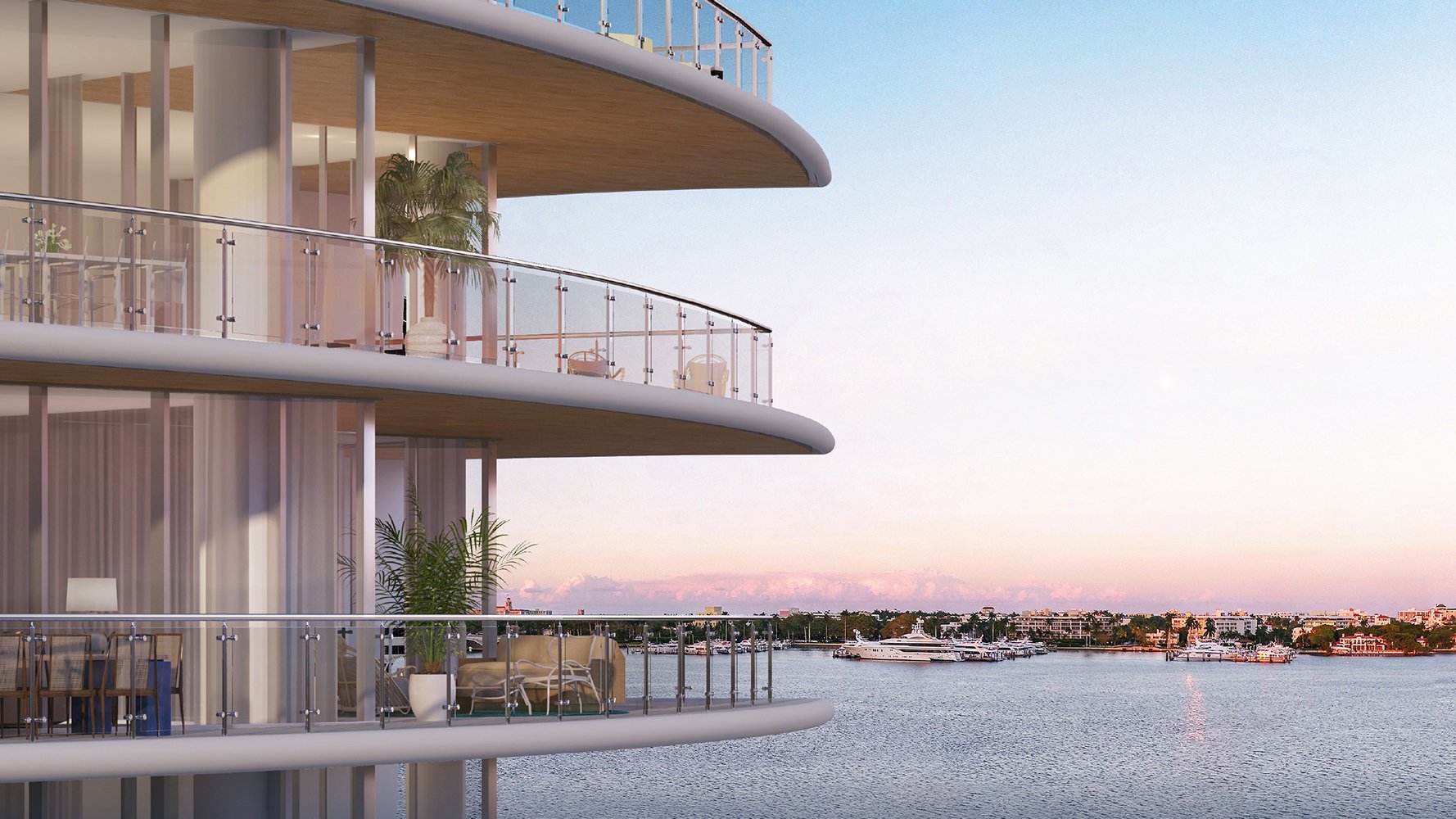 Waterfront view of Forte on Flagler in West Palm Beach showcasing luxury preconstruction condos with ultra luxury architecture overlooking the coast. Featuring apartment.