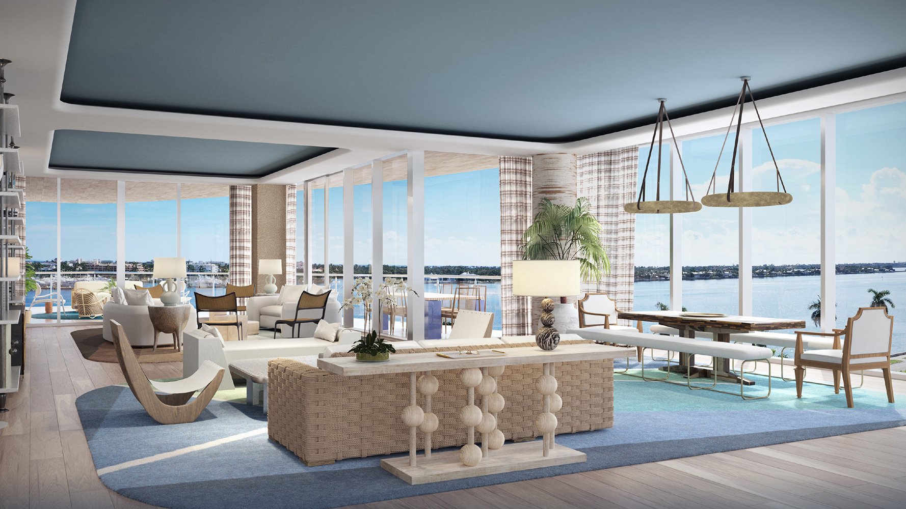 Ultra luxury living room interior at Forte on Flagler, West Palm Beach, highlighting waterfront views and high-end preconstruction condo design.