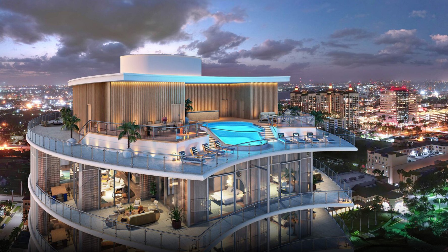 Forte on Flagler penthouse in West Palm Beach featuring an ultra luxury private pool and cityscape views for premium preconstruction condos. Featuring dusk.