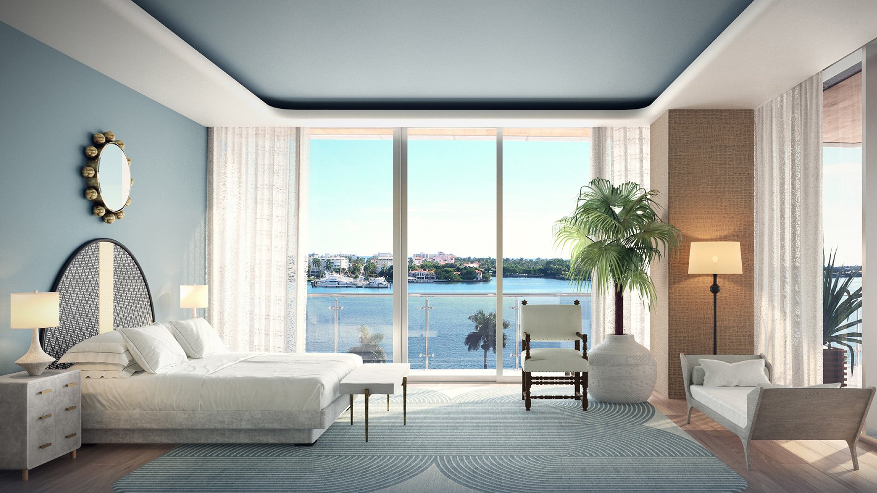 Ultra luxury bedroom at Forte on Flagler in West Palm Beach with serene waterfront views in premium preconstruction condos. Featuring modern and water view.