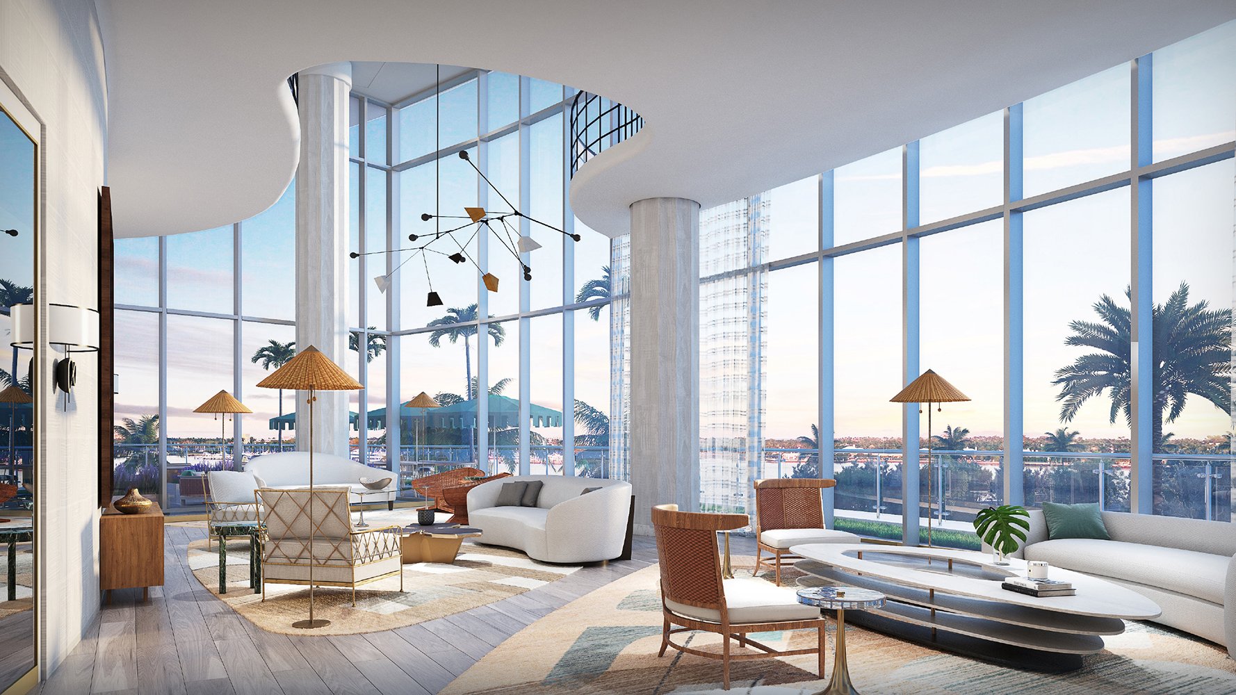Contemporary living room at Forte on Flagler, West Palm Beach, featuring luxury condo interiors with palm-tree waterfront views. Featuring modern interior view.