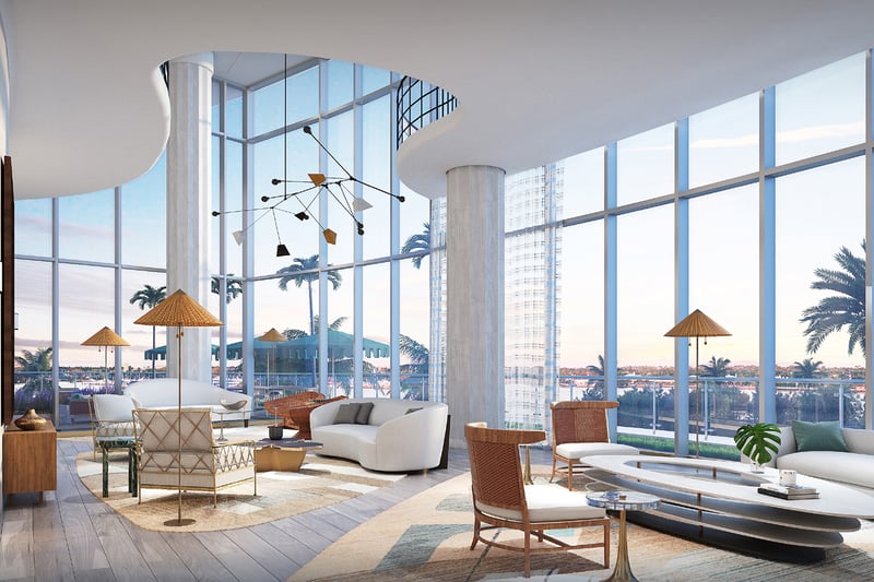 Contemporary living room at Forte on Flagler, West Palm Beach, featuring luxury condo interiors with palm-tree waterfront views. Featuring modern interior view.