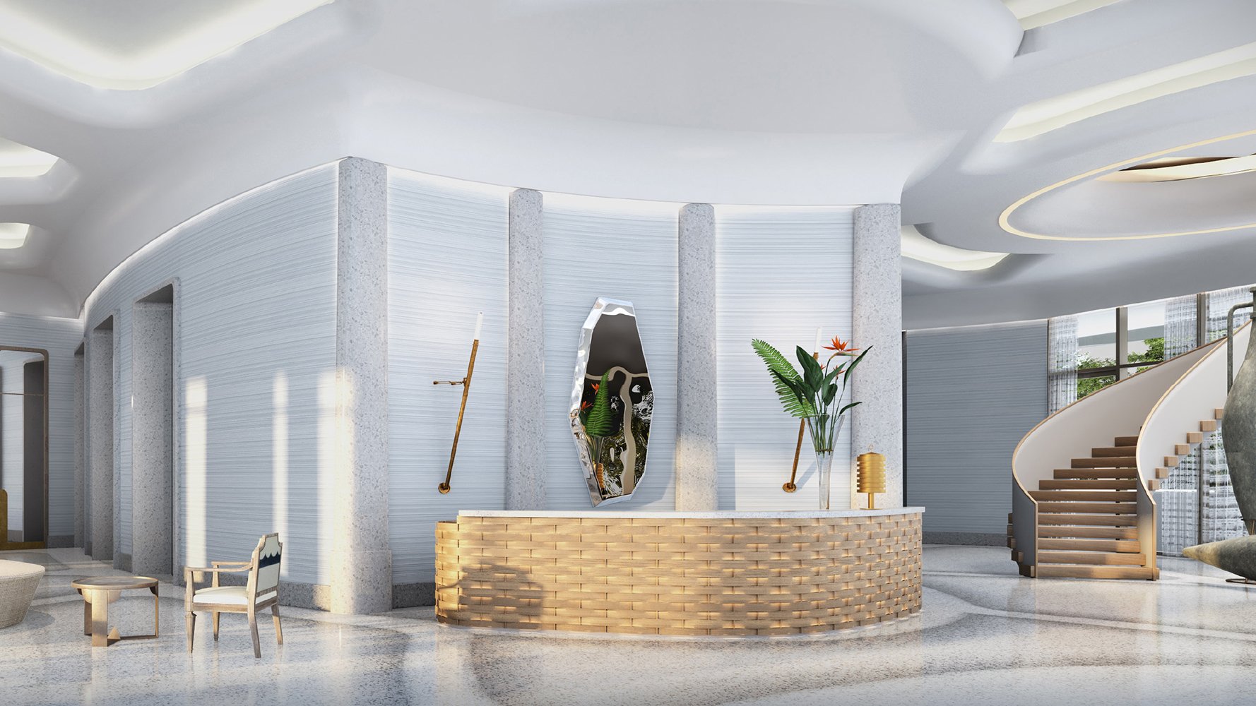 Ultra luxury lobby interior at Forte on Flagler in West Palm Beach, emphasizing high-end preconstruction condo amenities. Featuring modern design.
