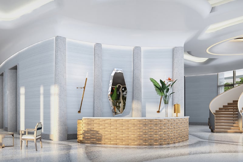 Ultra luxury lobby interior at Forte on Flagler in West Palm Beach, emphasizing high-end preconstruction condo amenities. Featuring modern design.