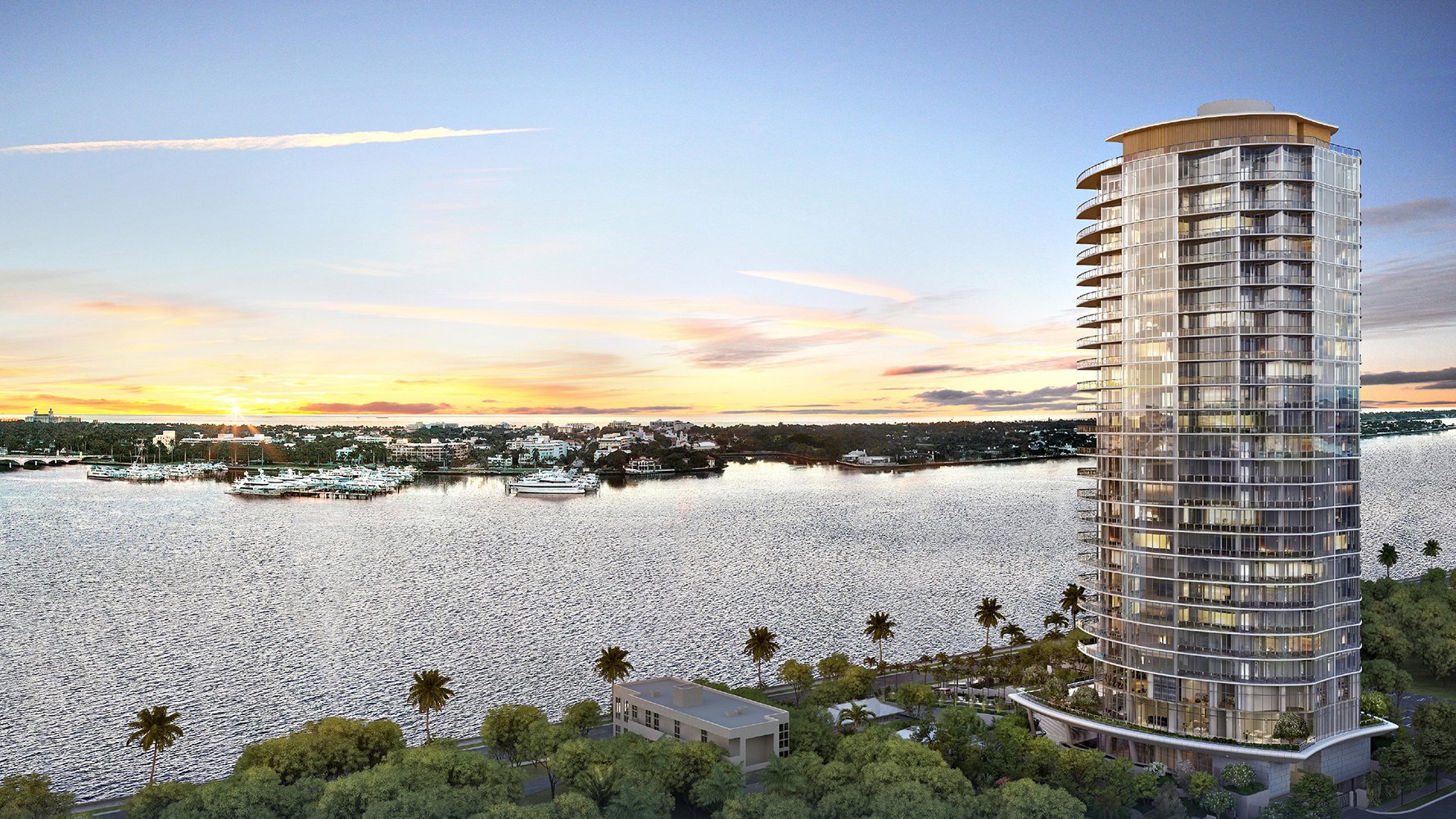 Waterfront high-rise at sunset at Forte on Flagler in West Palm Beach, showcasing ultra luxury preconstruction condos with scenic views. Featuring view.
