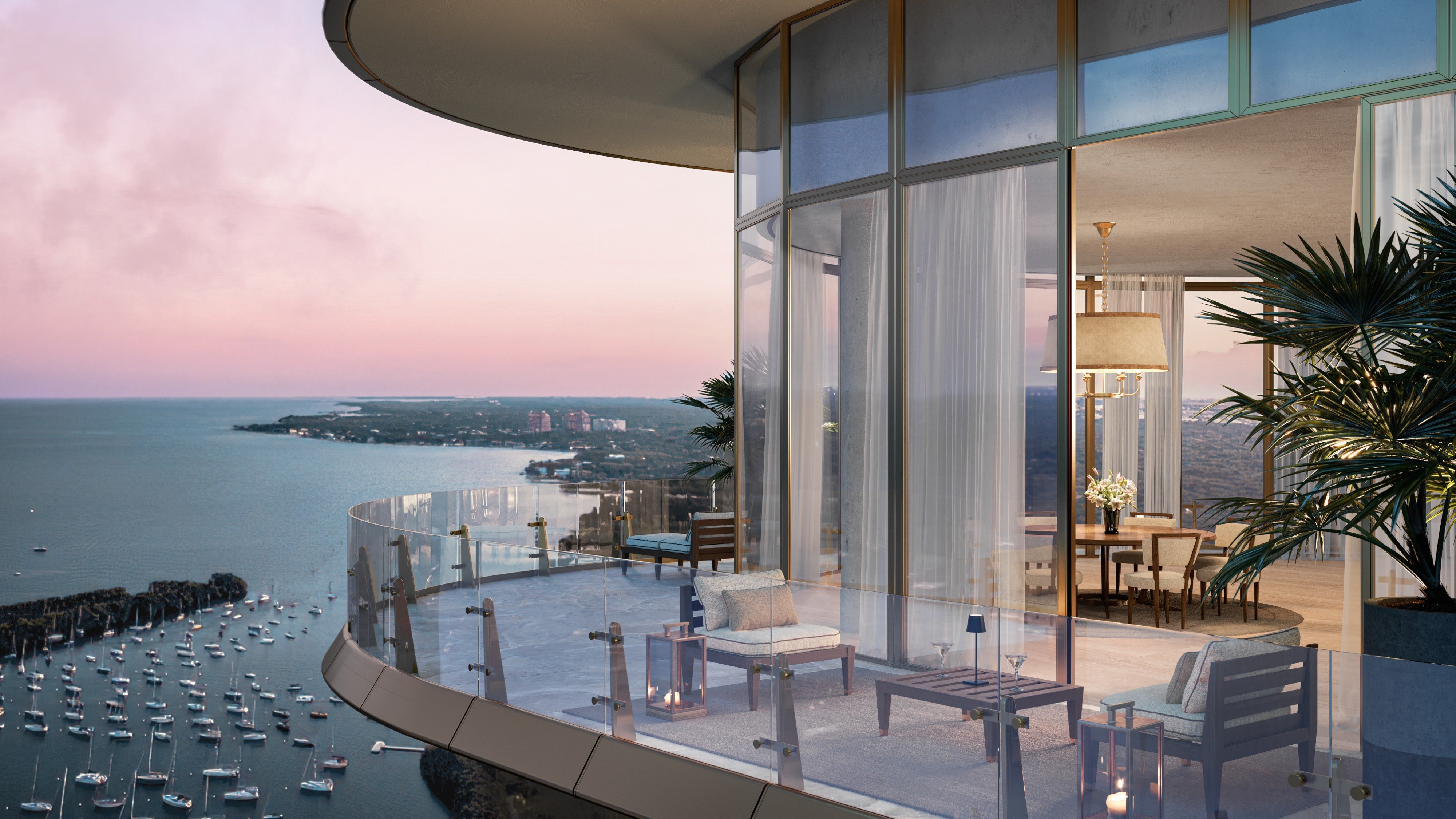 Four Seasons Coconut Grove balcony with ocean view at sunset, indoor‑outdoor living for luxury and ultra luxury condos; preconstruction in Coconut Grove, Miami.