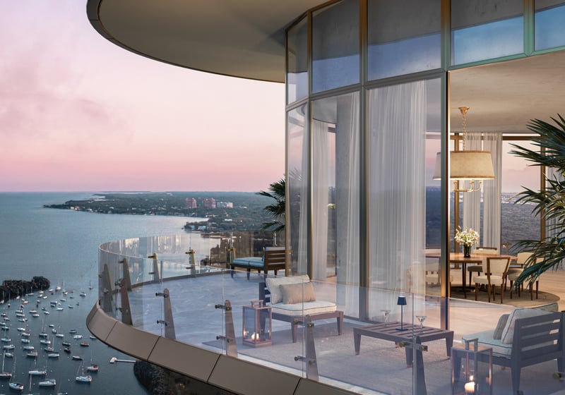 Four Seasons Coconut Grove balcony with ocean view at sunset, indoor‑outdoor living for luxury and ultra luxury condos; preconstruction in Coconut Grove, Miami.