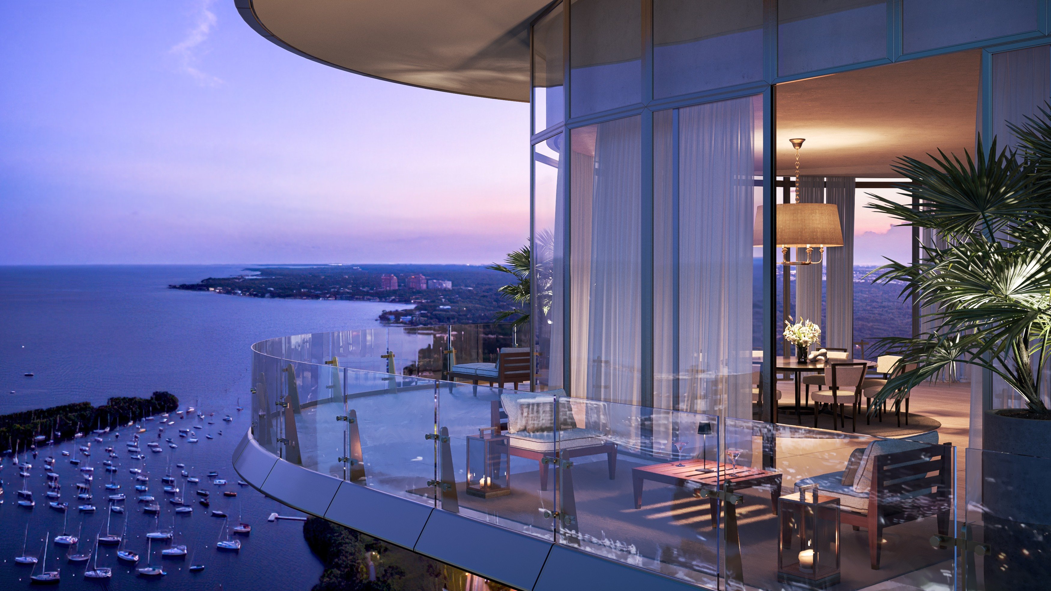 Four Seasons Coconut Grove luxury condominium balcony at sunset, bay vistas defining ultra luxury and luxury condos; preconstruction. Featuring view.
