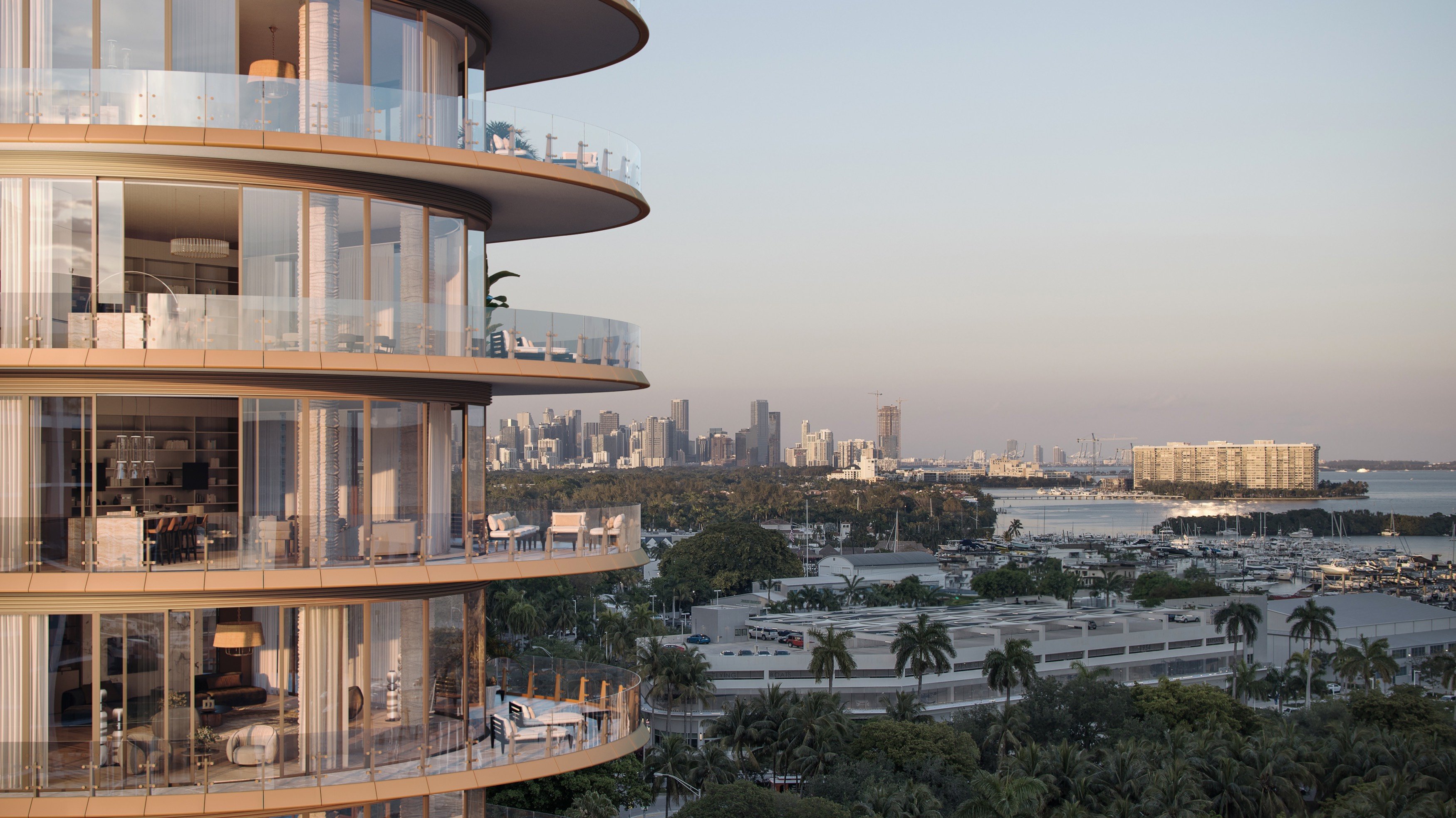 Four Seasons Coconut Grove contemporary architecture with Miami skyline backdrop—iconic address for luxury and ultra luxury condos; preconstruction.