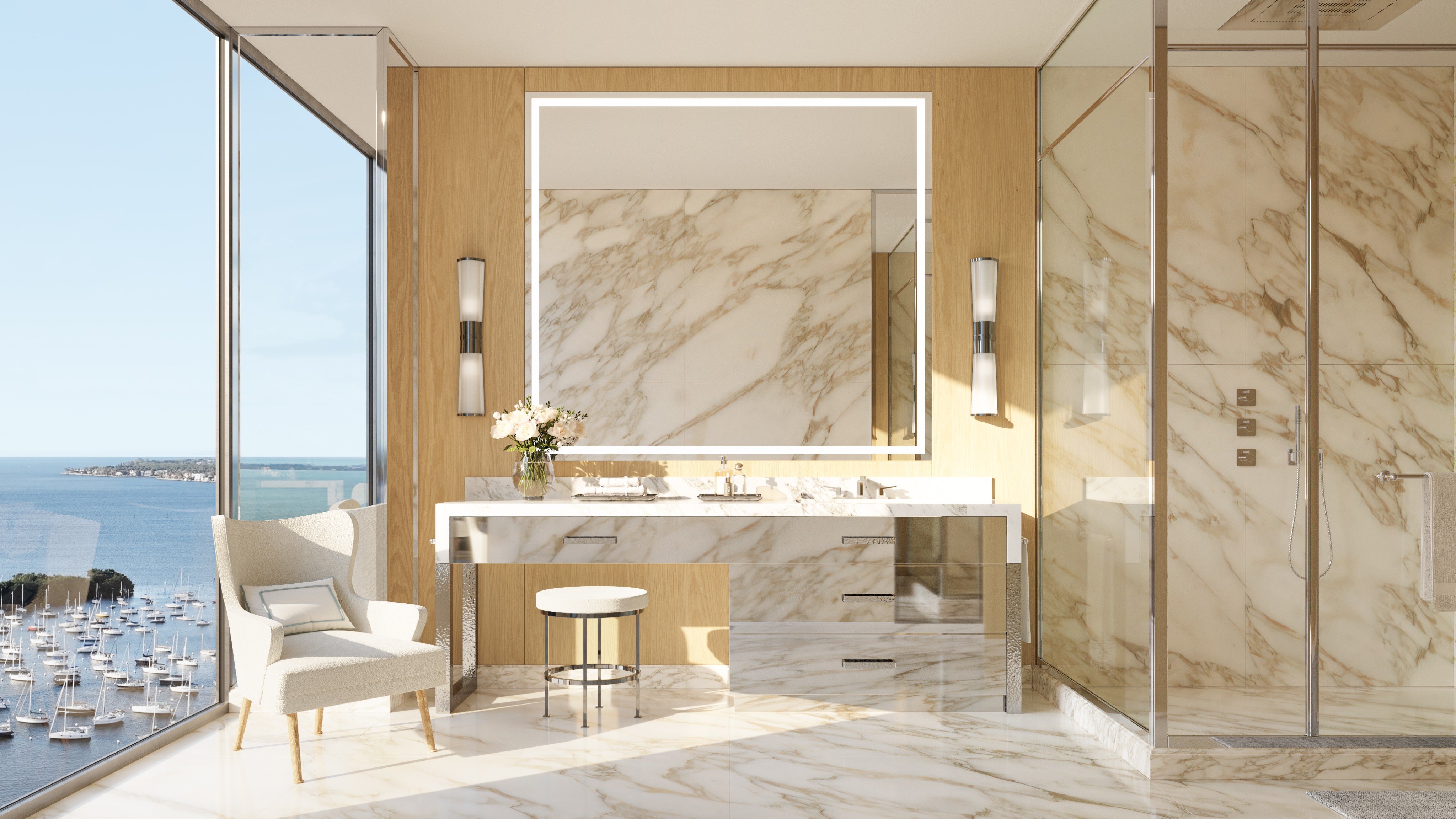 Four Seasons Coconut Grove modern bathroom with ocean view—spa‑like finishes in luxury and ultra luxury condos; preconstruction residences in Coconut Grove, Miami.