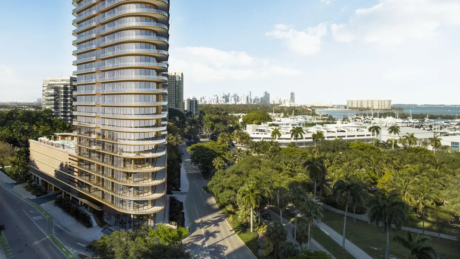 Four Seasons Coconut Grove modern high‑rise cityscape above Biscayne Bay, prestigious tower of luxury and ultra luxury condos; preconstruction in Coconut Grove, Miami.