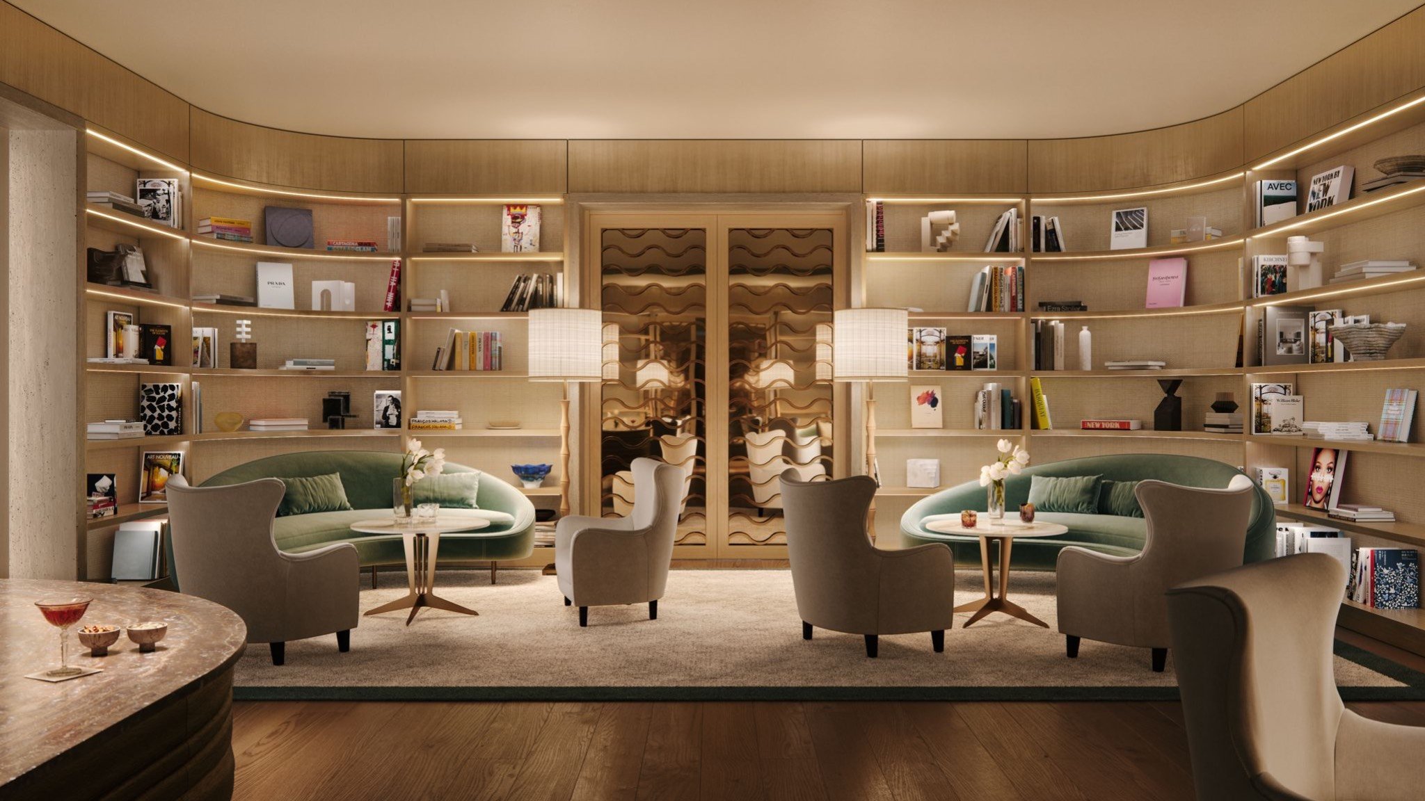 Four Seasons Coconut Grove refined living room interior design, curated materials and light within luxury and ultra luxury condos; preconstruction. Featuring modern.