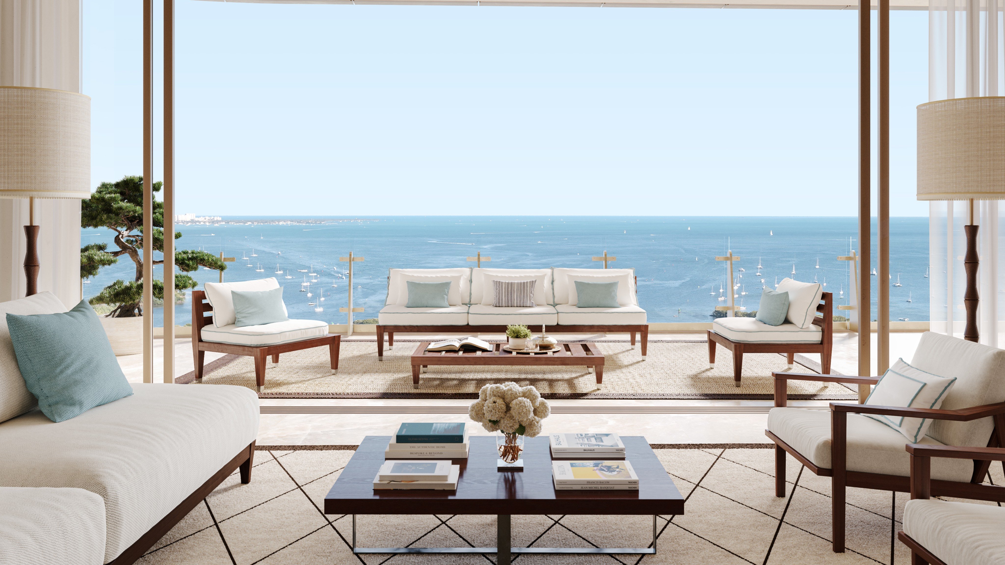 Four Seasons Coconut Grove modern living room with ocean view—floor‑to‑ceiling glass in luxury and ultra luxury condos; preconstruction.