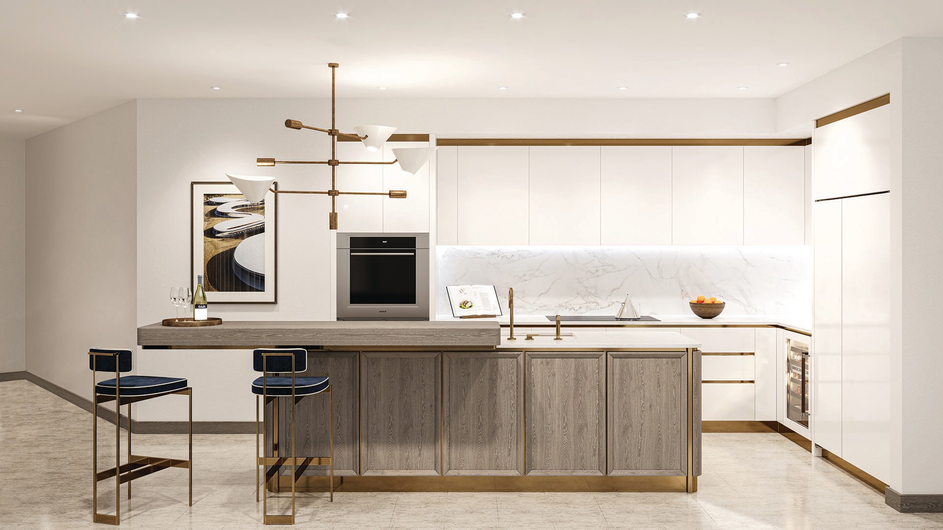 Minimalist chef kitchen with a large island, integrated cabinetry, and bar seating at Four Seasons Residences Fort Lauderdale in Fort Lauderdale, featuring luxury and ultra luxury condos with refined custom interiors.