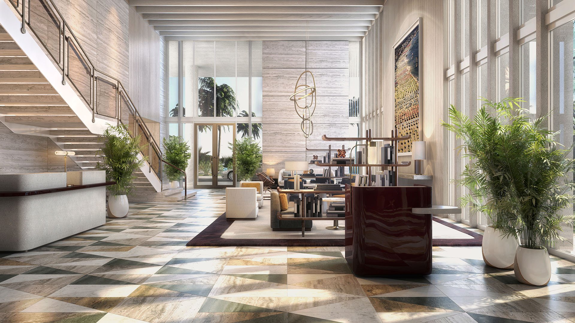 Double-height lobby lounge with a floating staircase, library shelving, and tall windows at Four Seasons Residences Fort Lauderdale in Fort Lauderdale, introducing luxury and ultra luxury condos with polished residential design.