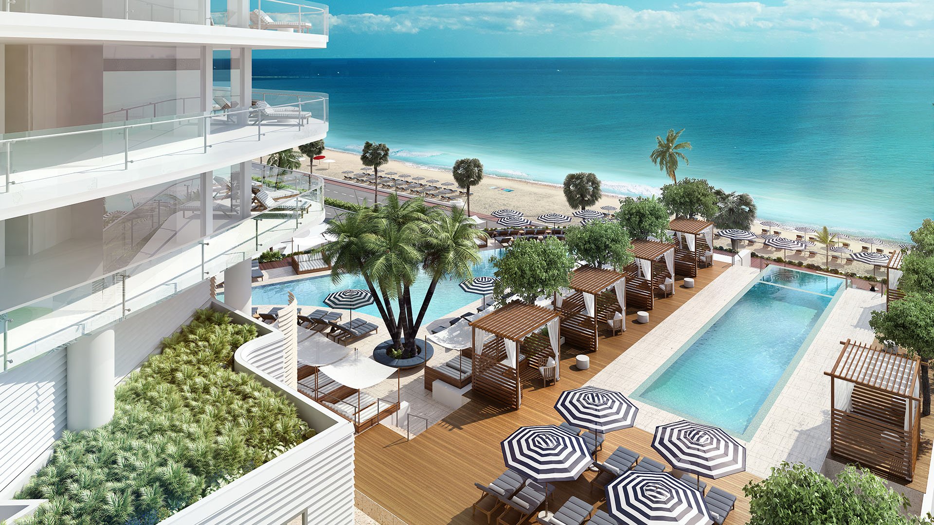 Elevated oceanfront pool deck with private cabanas and beach views at Four Seasons Residences Fort Lauderdale in Fort Lauderdale, showcasing luxury and ultra luxury condos with resort-caliber outdoor amenities.