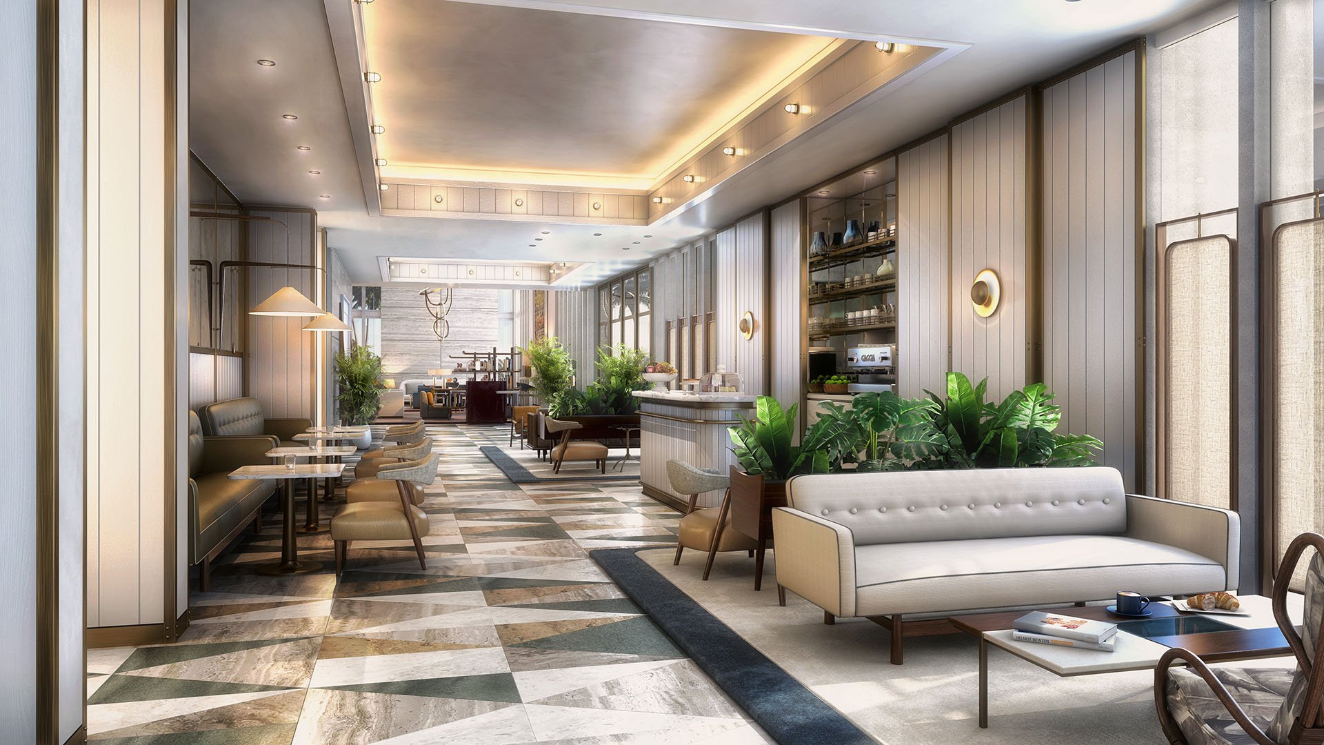 Lobby coffee bar lounge with café seating and daylight through tall windows at Four Seasons Residences Fort Lauderdale in Fort Lauderdale, presenting luxury and ultra luxury condos with inviting social amenity space.