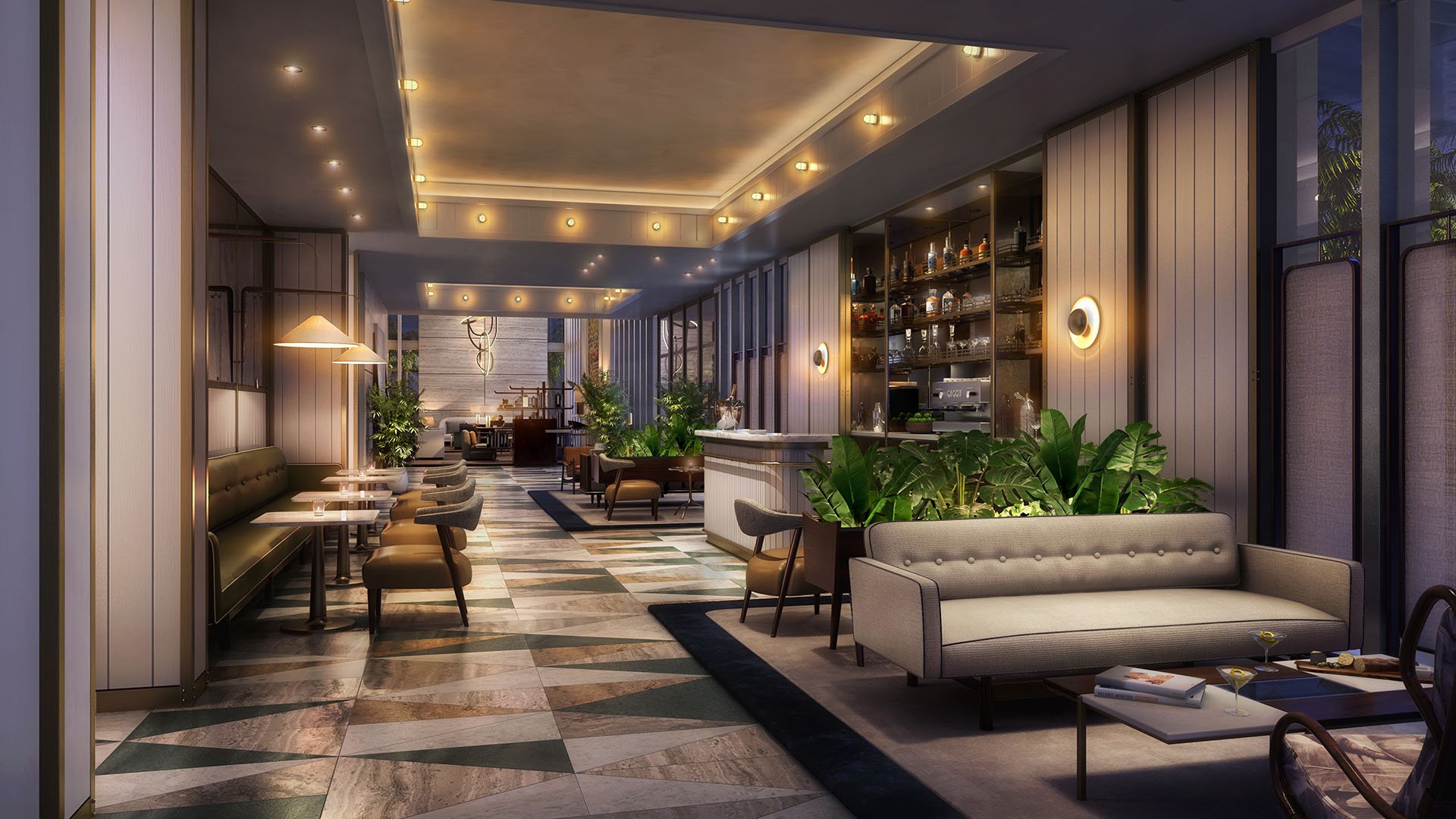 Evening view of the lobby coffee bar lounge with intimate lighting and café seating at Four Seasons Residences Fort Lauderdale in Fort Lauderdale, presenting luxury and ultra luxury condos with inviting social amenity space.