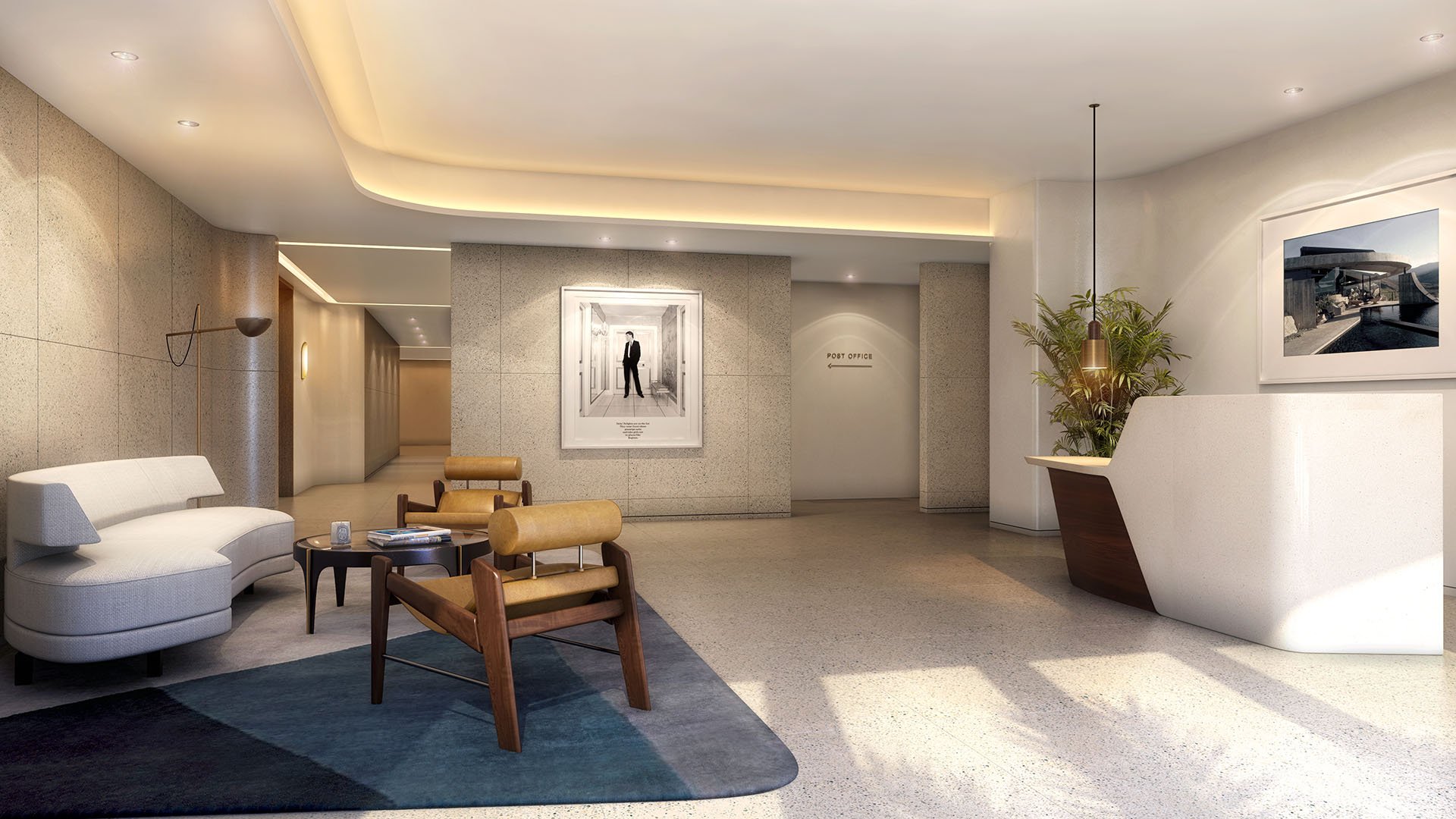Post office lounge reception with a curved desk, seating area, and soft lighting at Four Seasons Residences Fort Lauderdale in Fort Lauderdale, presenting luxury and ultra luxury condos with polished service amenities.