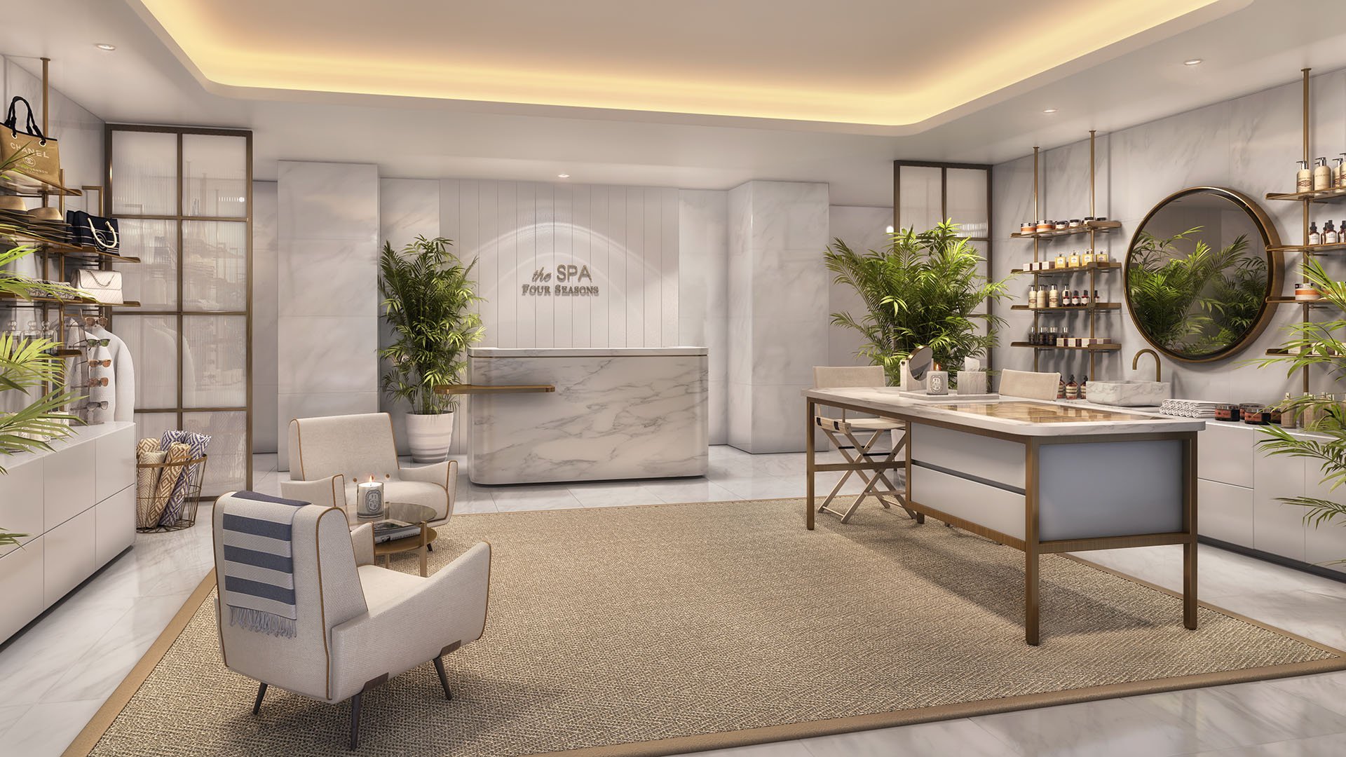 Spa reception boutique with marble desk, retail shelving, and consultation table at Four Seasons Residences Fort Lauderdale in Fort Lauderdale, presenting luxury and ultra luxury condos with dedicated wellness amenities.