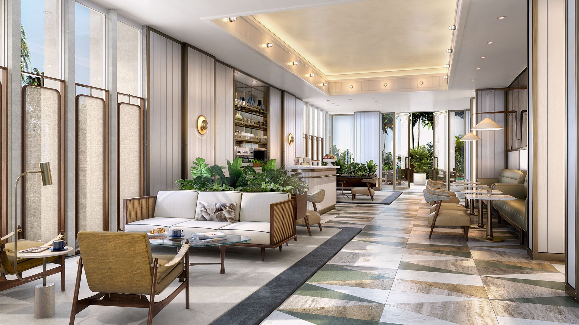 Window-lined lobby coffee bar seating area with lounge furniture and garden access at Four Seasons Residences Fort Lauderdale in Fort Lauderdale, presenting luxury and ultra luxury condos with relaxed social gathering space.