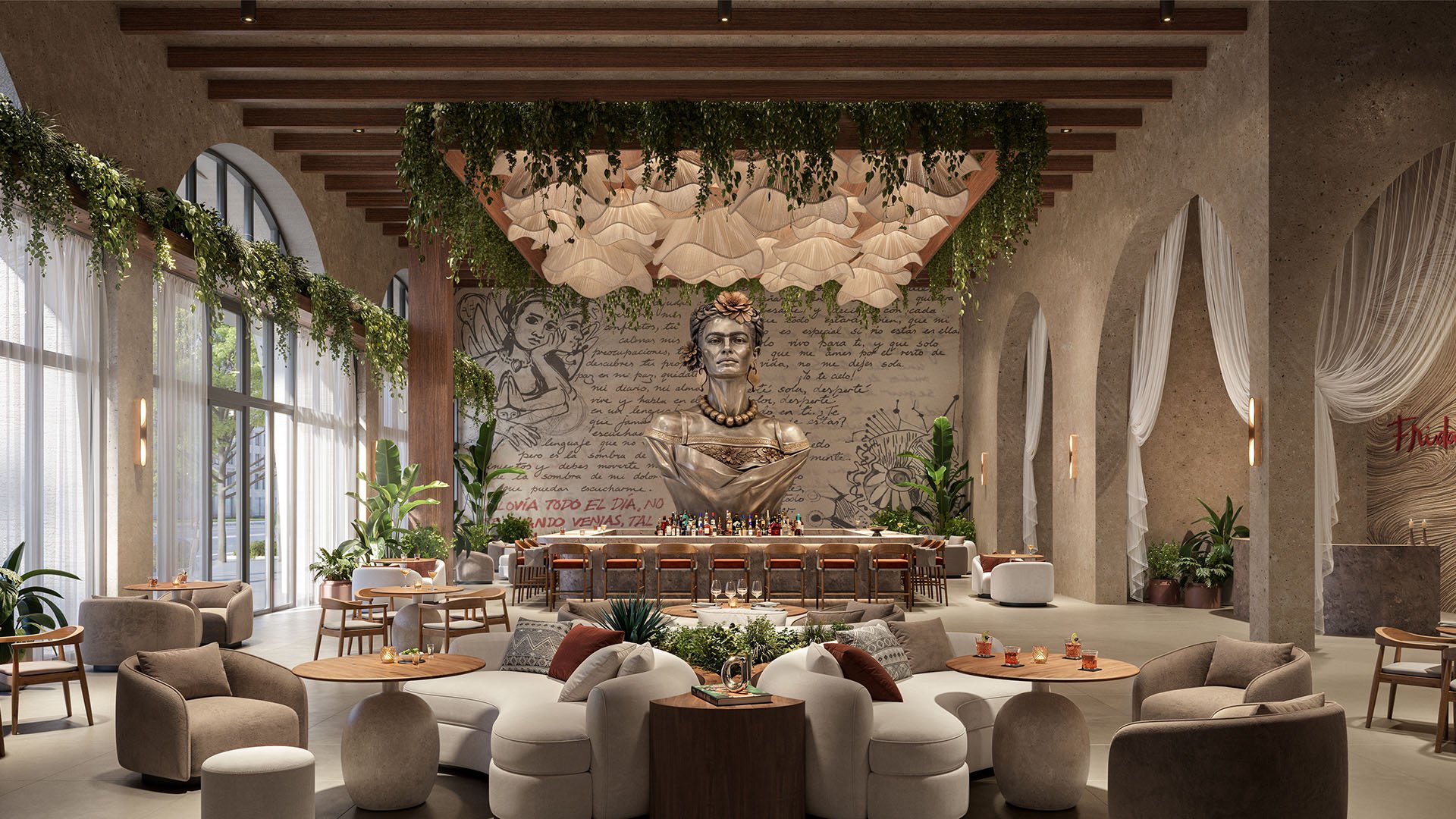 Lobby lounge at Frida Kahlo Residences in Wynwood, presenting luxury and ultra luxury condos amenities with a dramatic Frida Kahlo bust, bar seating, hanging greenery, and sculptural lighting.