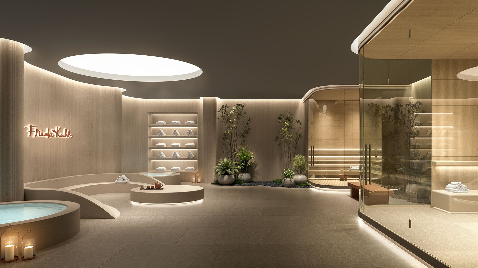 Wellness spa at Frida Kahlo Residences in Wynwood, offering luxury and ultra luxury condos amenities with a serene sauna, round plunge pools, soft lighting, and indoor greenery.