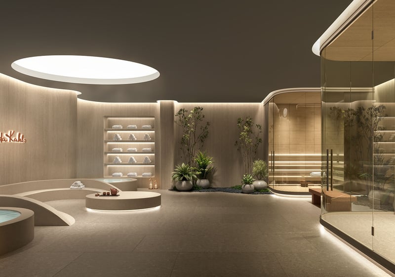 Wellness spa at Frida Kahlo Residences in Wynwood, offering luxury and ultra luxury condos amenities with a serene sauna, round plunge pools, soft lighting, and indoor greenery.