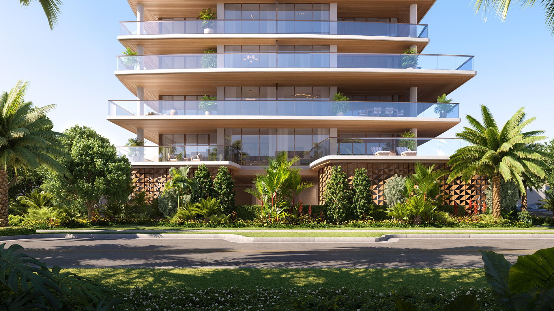 Front elevation of Glass House Boca Raton luxury condominium with expansive glass balconies and tropical landscaping, promoting ultra luxury preconstruction condos in Boca Raton, Florida.