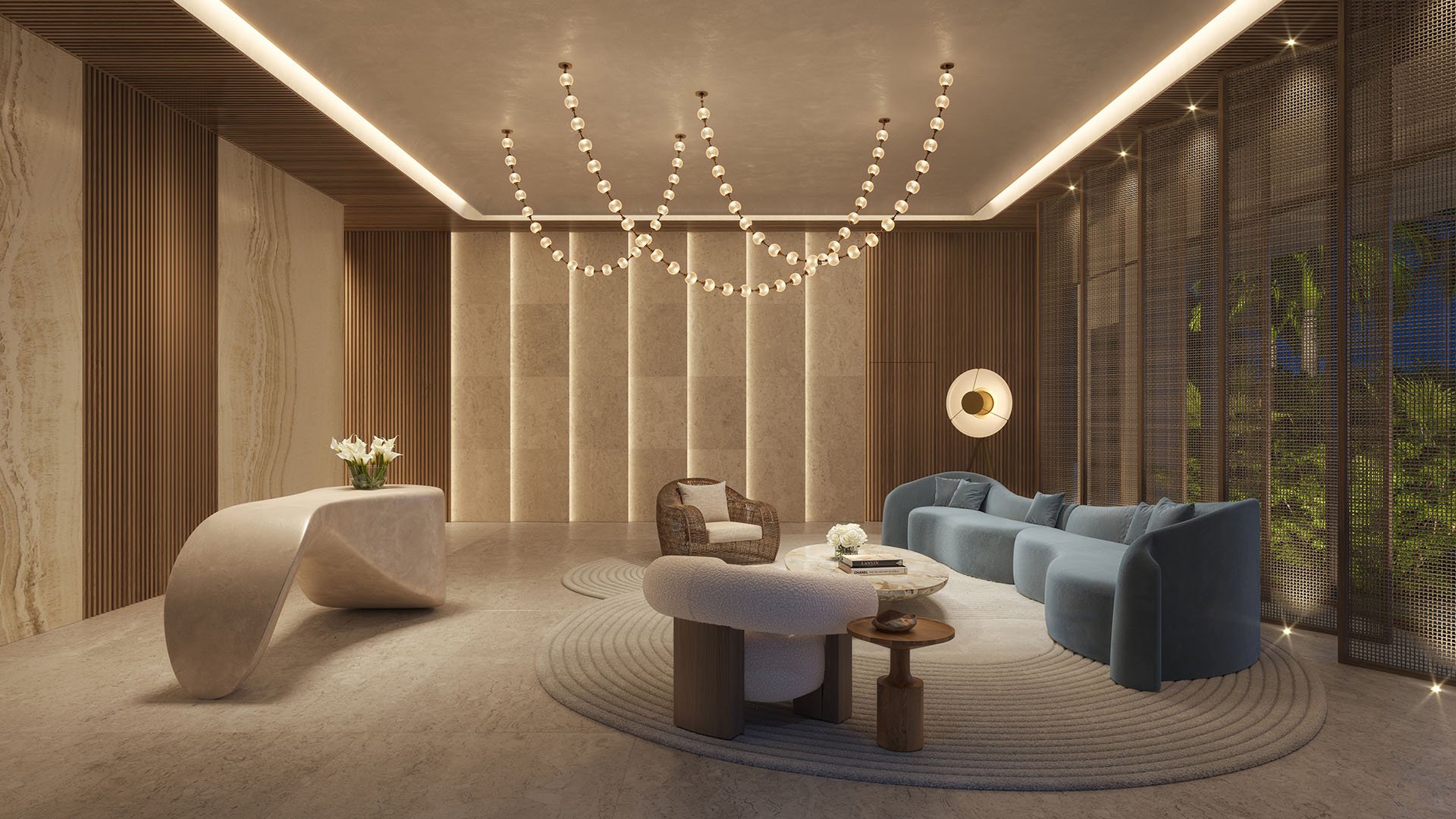 Glass House Boca Raton lobby lounge with illuminated globe chandelier, curved sofa and textured stone walls, presenting luxury and ultra luxury preconstruction condos ambiance in Boca Raton, Florida.