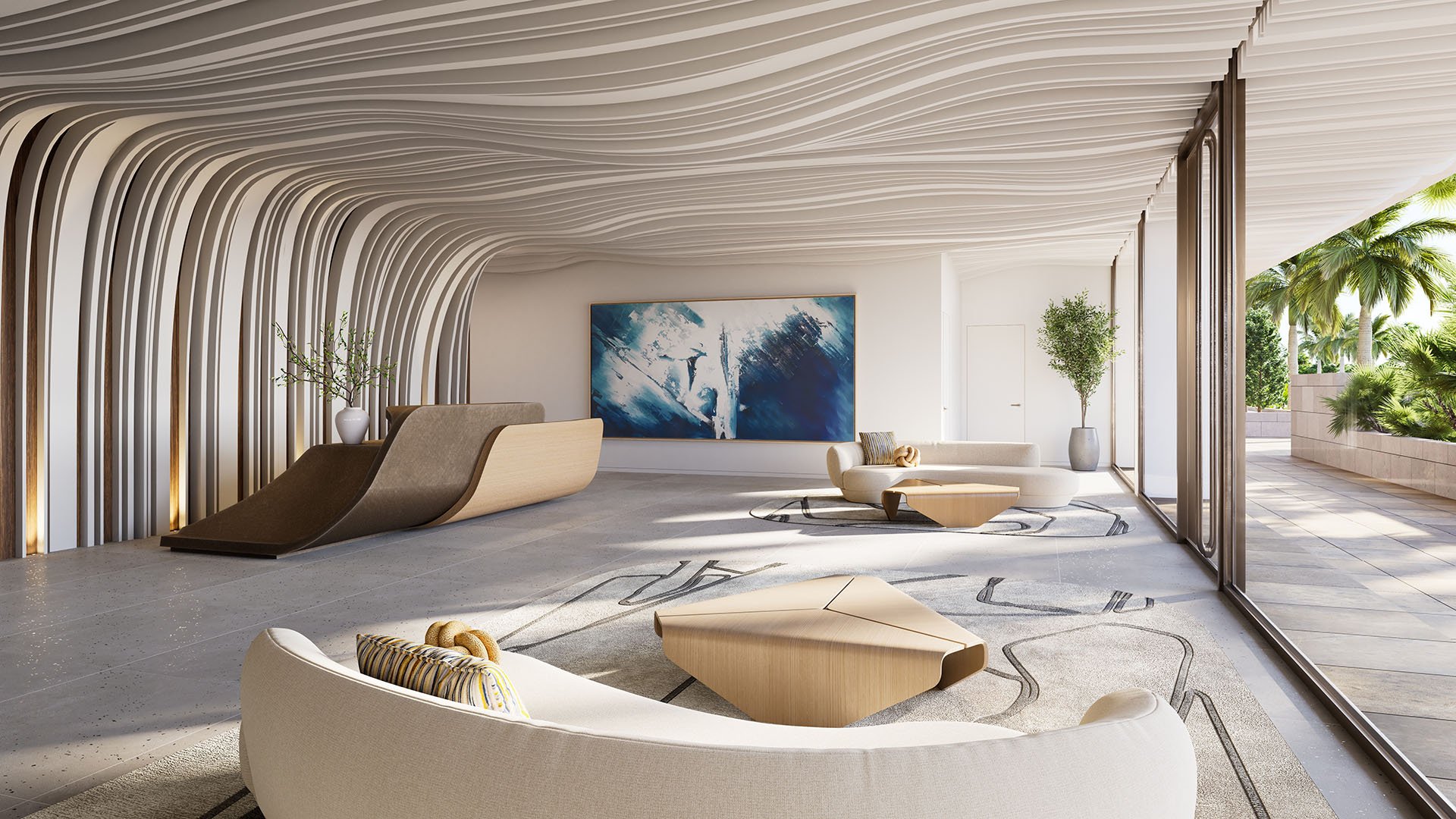 Glass House Boca Raton lobby with sculptural wave ceiling, modern seating, artwork and floor-to-ceiling glass to garden terrace, featuring luxury and ultra luxury preconstruction condos in Boca Raton, Florida.