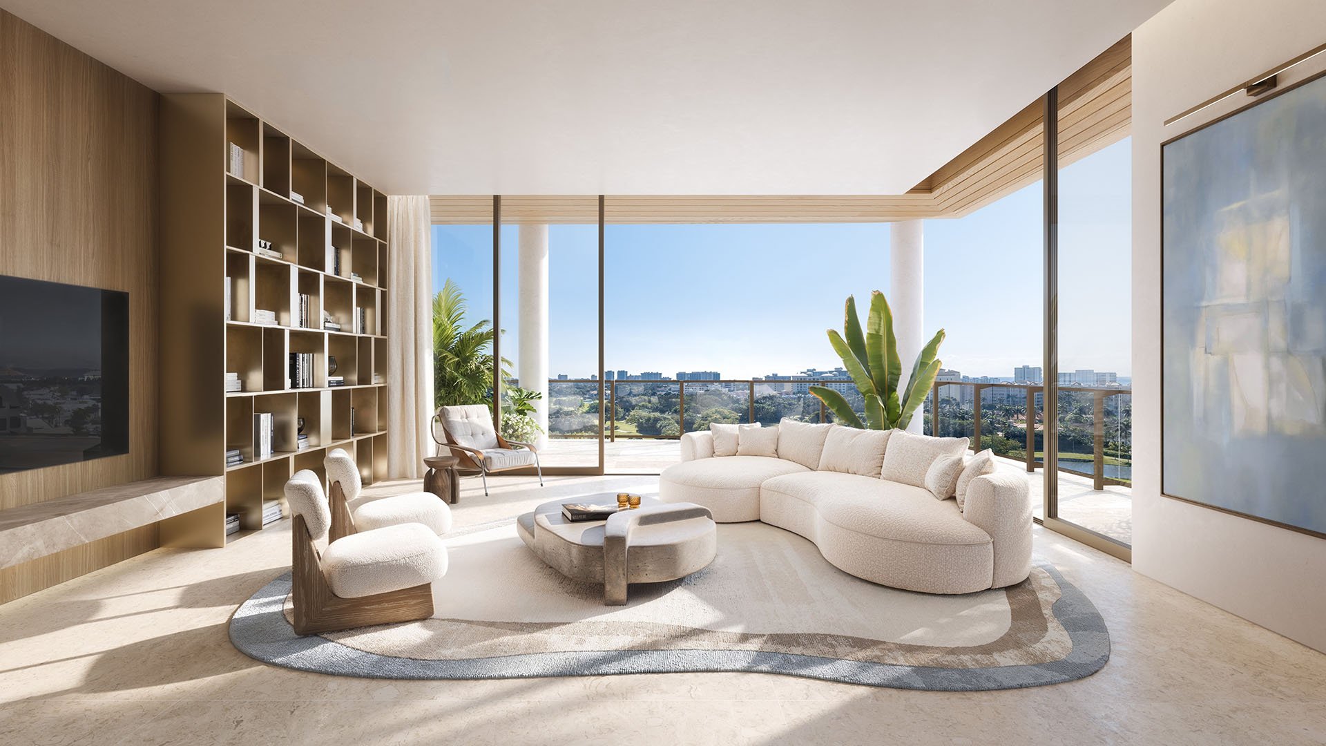 Open-concept Glass House Boca Raton luxury living room with curved sofa, built-in bookshelf and glass doors to terrace view, representing ultra luxury preconstruction condos in Boca Raton, Florida.